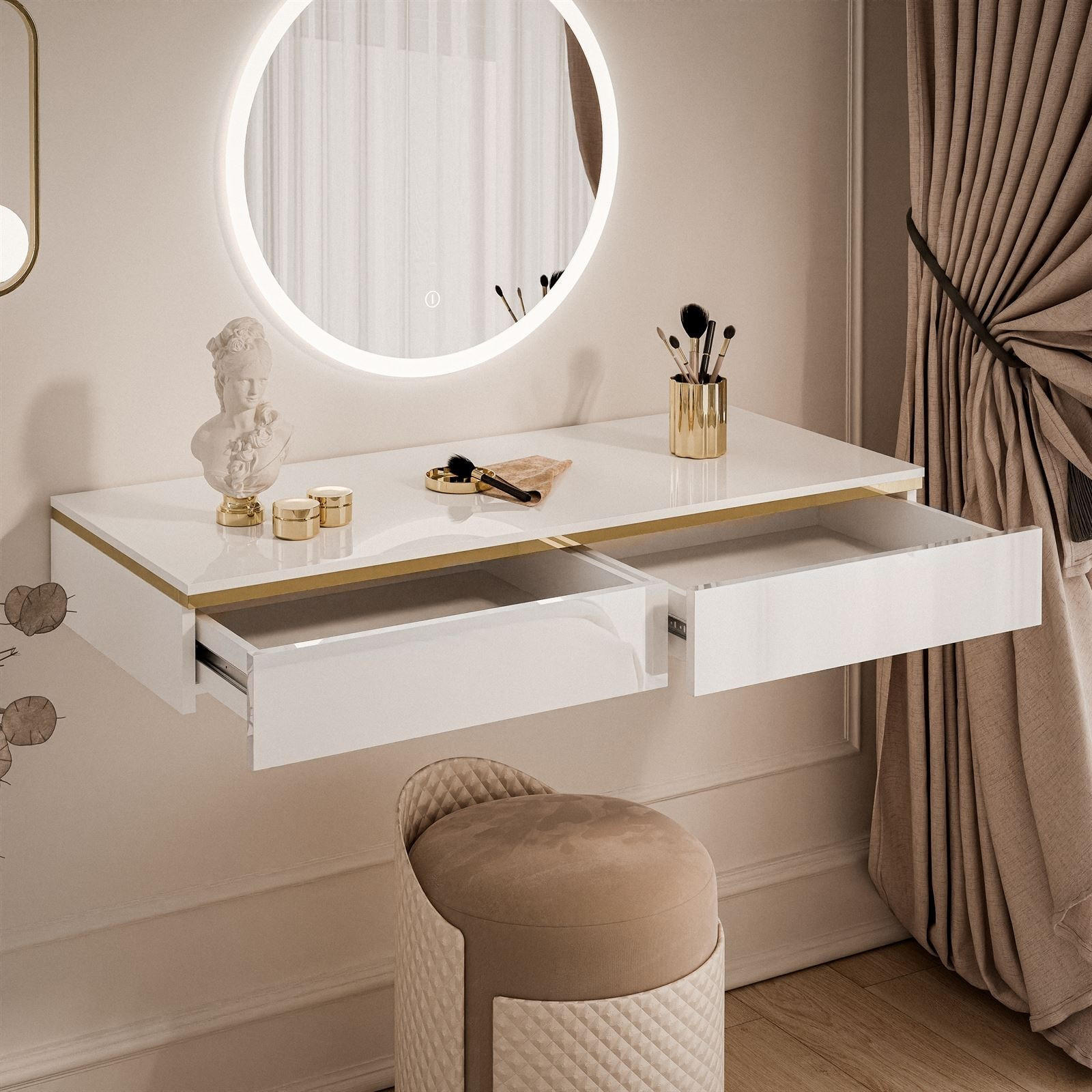 Thumbnail - Lookway Schminktisch, Weiß Hochglanz, Holzwerkstoff, Uni, 2 Schubladen, Rechteckig, 102x15x44 cm, Wohnzimmer, Wohnzimmer...