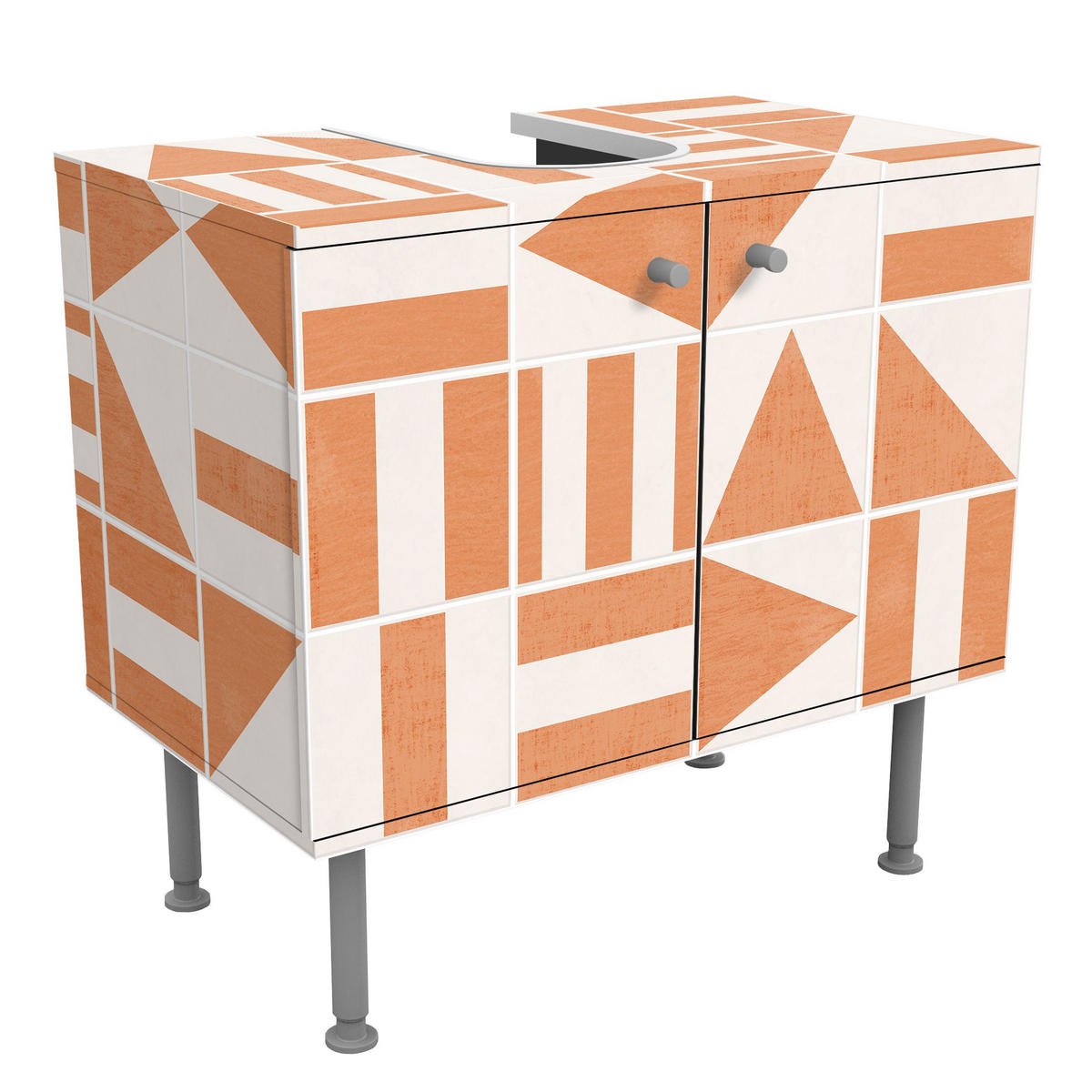 WASCHBECKENUNTERSCHRANK Fliesen mit geometrischen Formen Apricot Shabby 60/55/35 cm - Orange, Holzwerkstoff (60/55/35cm) - Bilderwelten