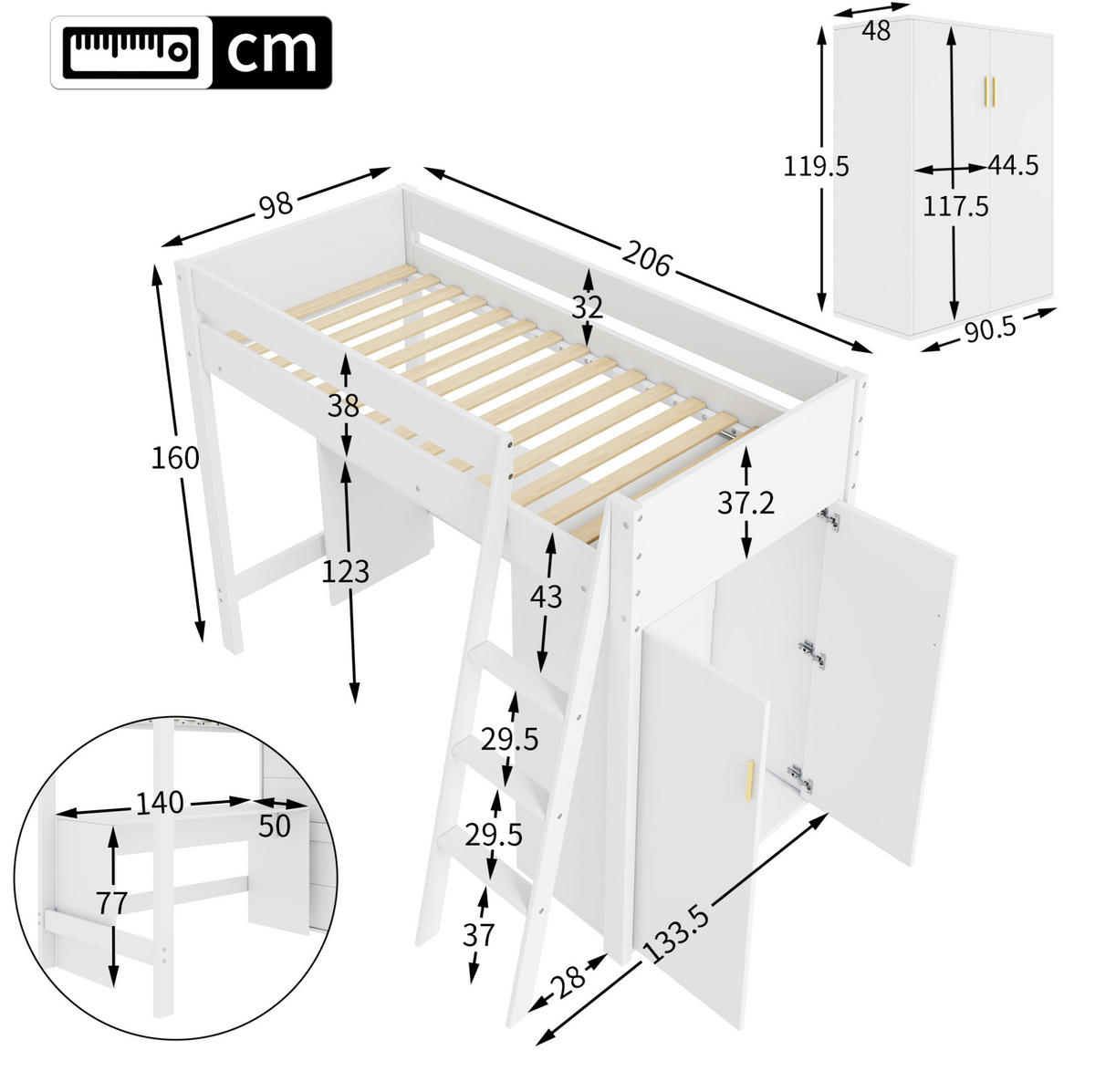 HOCHBETT 90/200 cm aus Massivholz mit Schreibtisch und mobilem Kleiderschrank Weiß - Weiß, Holzwerkstoff (90/200cm) - Modenvie