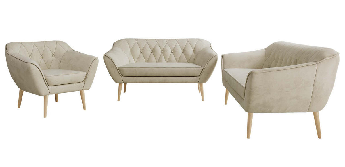 SITZGARNITUR PIRS 3+2+1 - Beige Velvet - Holzbeine - Beige/Buchefarben, Holzwerkstoff/Textil (180/75/74cm) - MKS