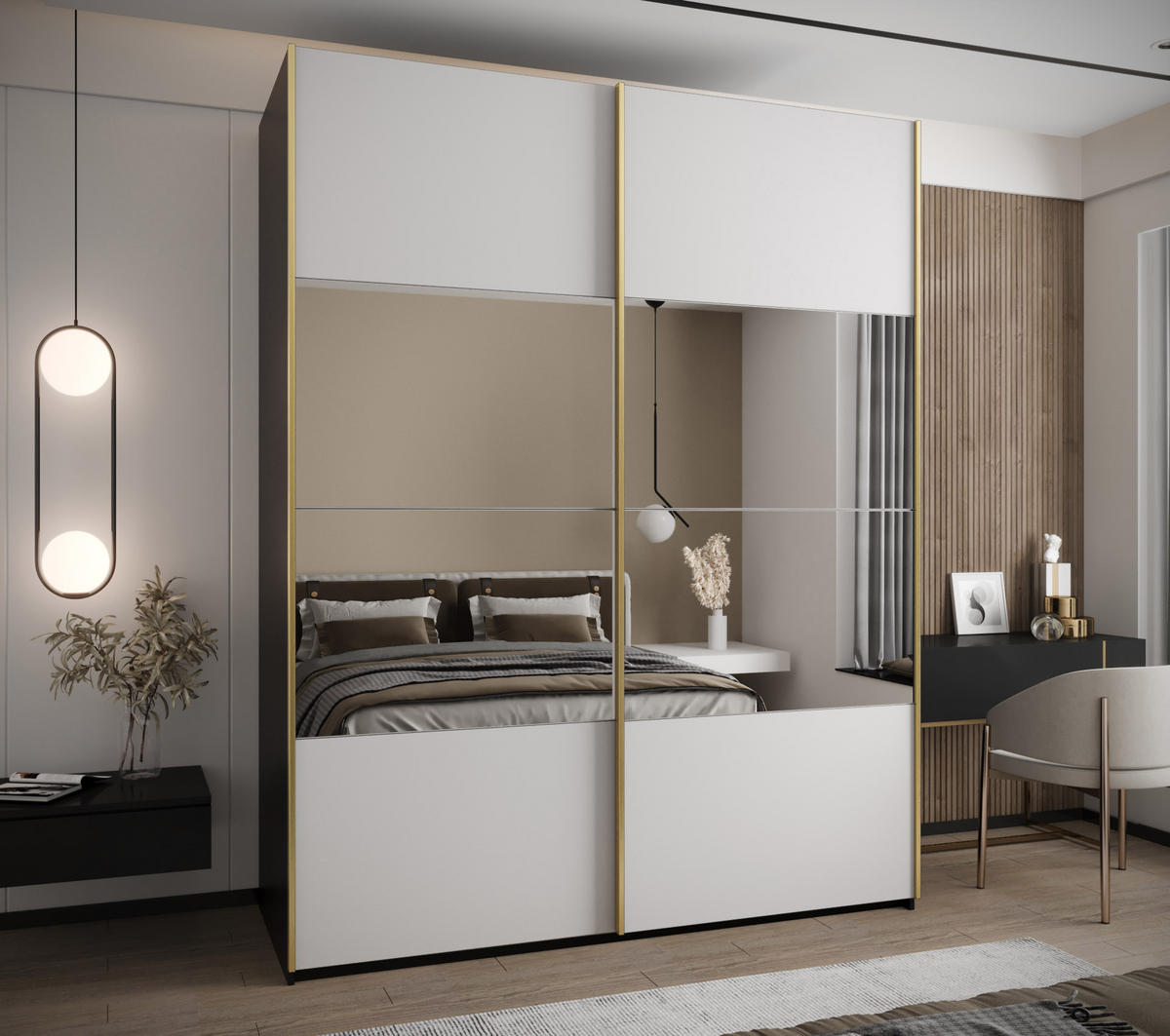 SCHWEBETÜRENSCHRANK 245,5/200/64 2-türig - Goldfarben/Schwarz, Holz/Metall (200/245/64cm) - Abiks Möbel