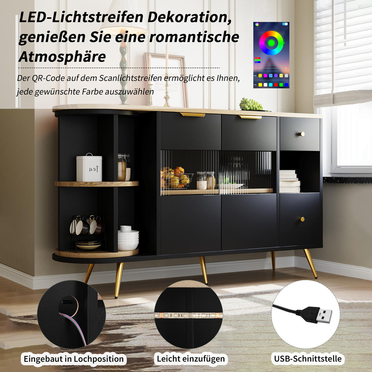 SIDEBOARD mit Kunst-Rattan-Türen und goldenen Details, 130/40/80cm - Schwarz, Holzwerkstoff (130/80/40cm) - Urban Meuble