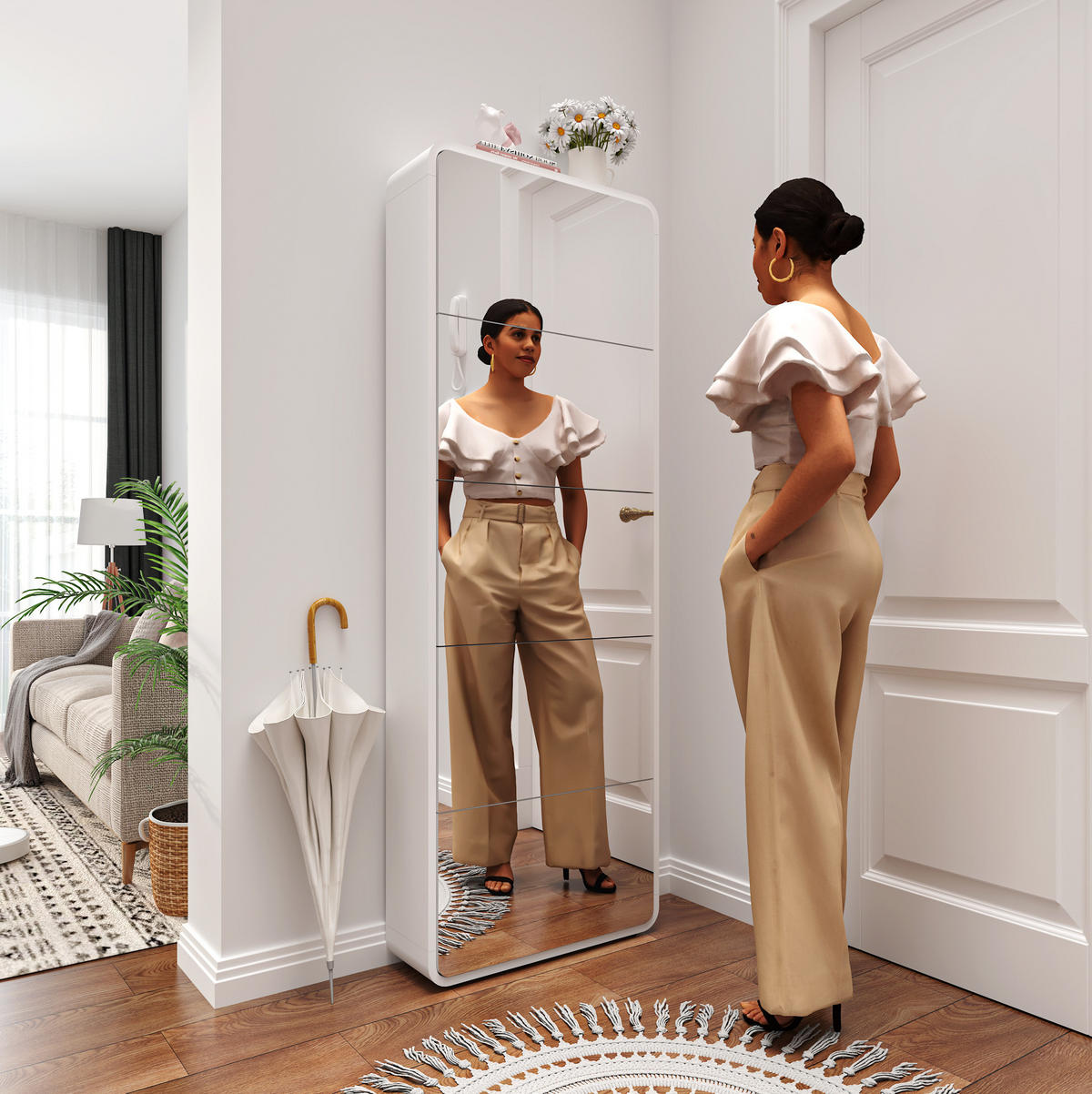 SCHUHSCHRANK aus MDF 176cm in Weiß mit Ganzkörperspiegel - Weiß, Holzwerkstoff (63/176/19.5cm) - Modfu