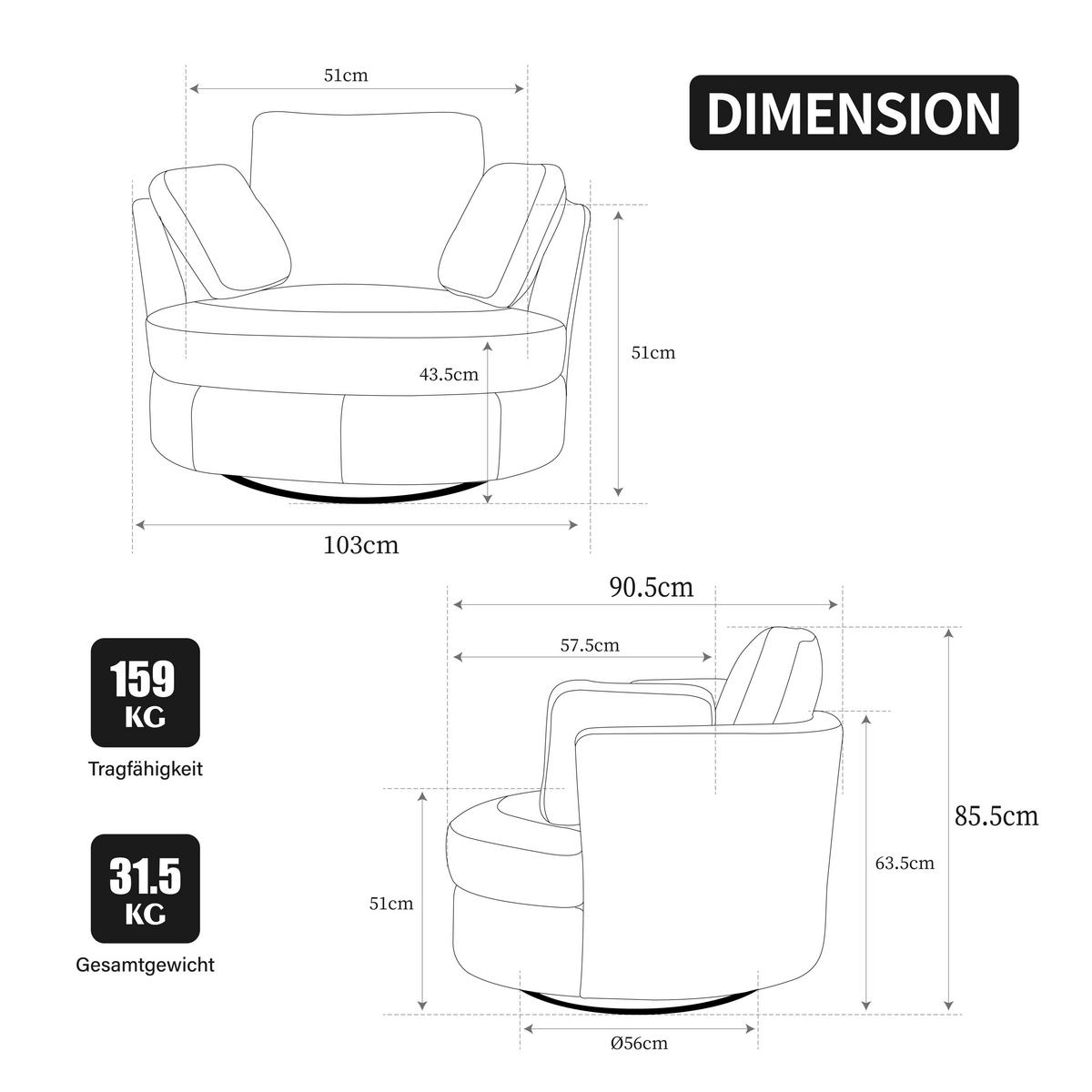 SESSEL XXL in Sherpa-Optik Ivory 360° drehbar mit Stauraum-Hocker - Magnolie, Textil (103/85.5/90.5cm) - Urban Meuble