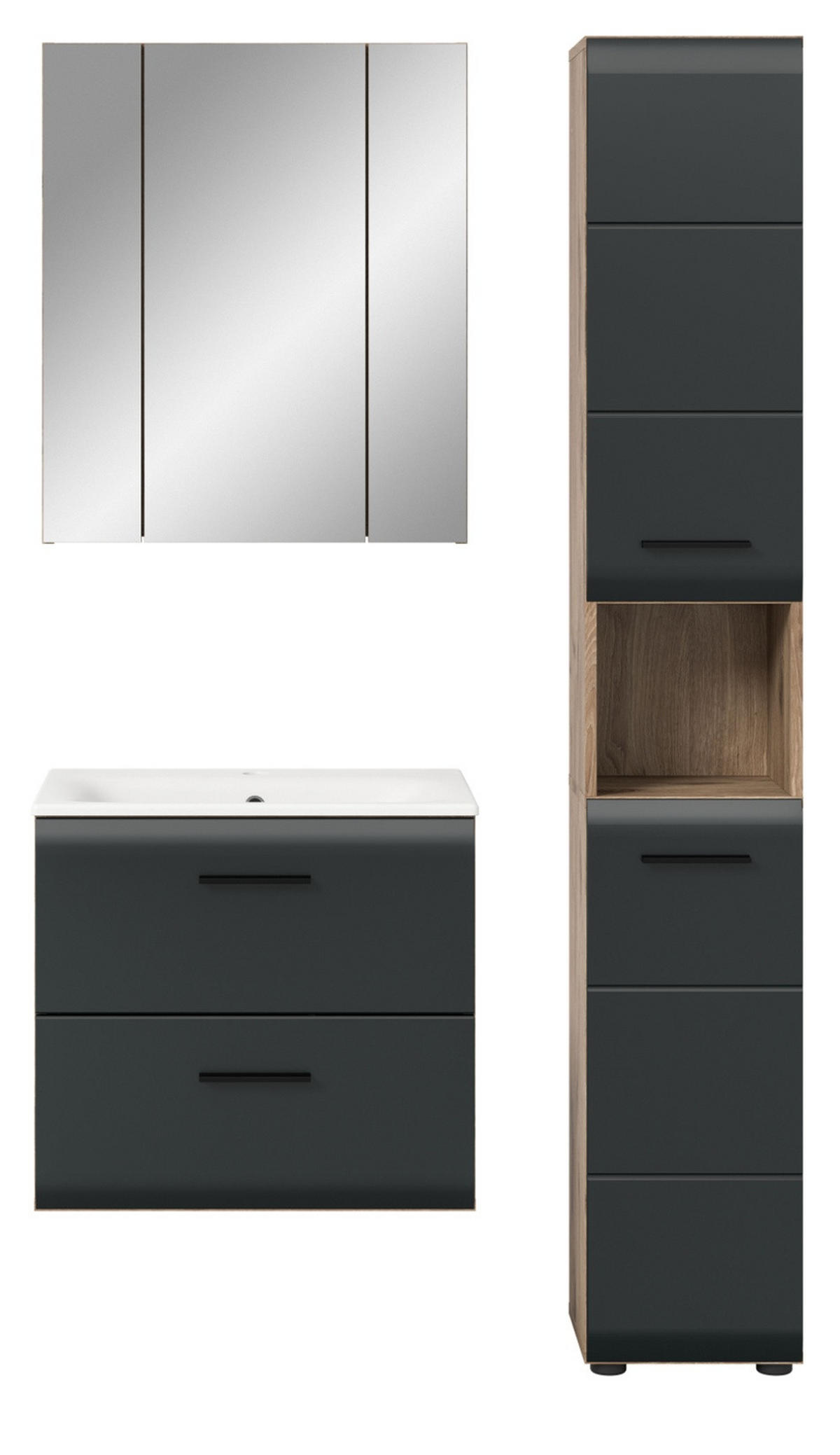 BADMÖBEL-SET 3-teilig Schwarz matt, Eiche Nox, Badezimmer Komplett-Set mit Waschbecken, 105 x 185 cm - Eichefarben/Schwarz, Glas/Keramik (105/185/46cm) - Inn.Furn