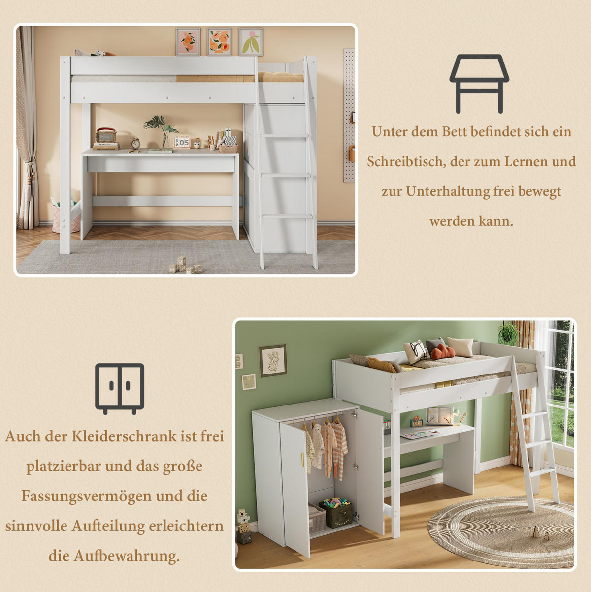 HOCHBETT 90/200 cm mit Schreibtisch, Kleiderschrank, Leiter und Lattenrost aus Massivholz, Weiß - Weiß, Holz (90/200cm) - Redom