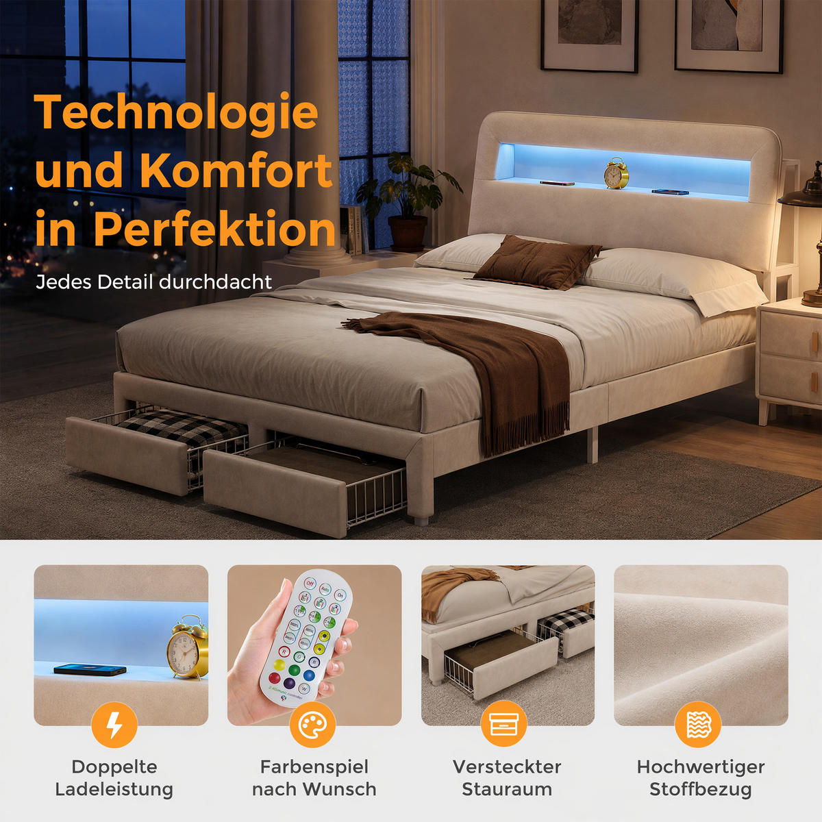POLSTERBETT 140x200 cm, USB und LED, mit 2 Schubladen, Doppelbettrahmen 140x200 cm, Samt in Cremeweiß - Beige, Holzwerkstoff/Textil (140/200cm) - GENKI LIVING