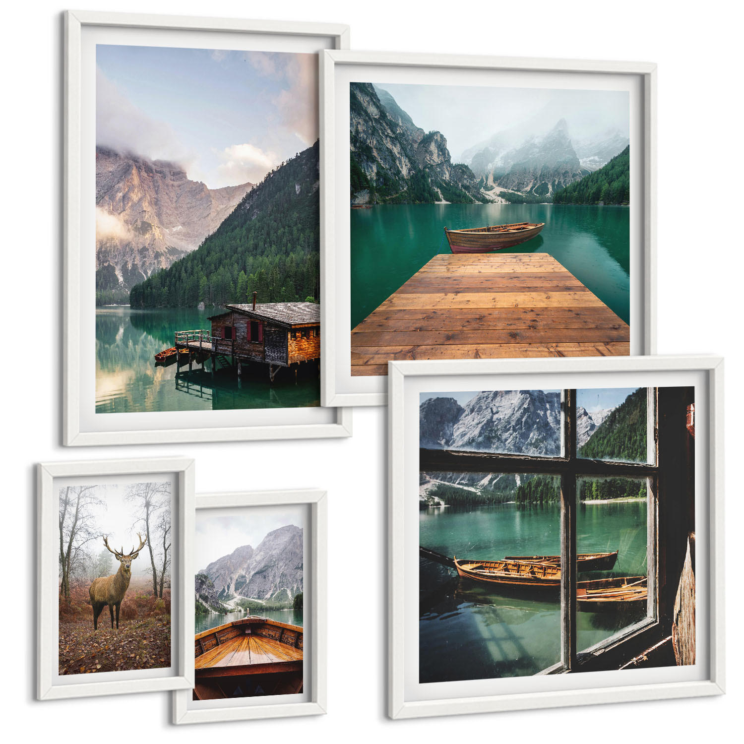 BILDER SET 5er Set - 50x50 cm & 20x30 cm & 40x60 cm Weißer Rahmen - Berglandschaften, Ferienhäuser, Boote - Weiß, Kunststoff (40/60cm) - TULUP