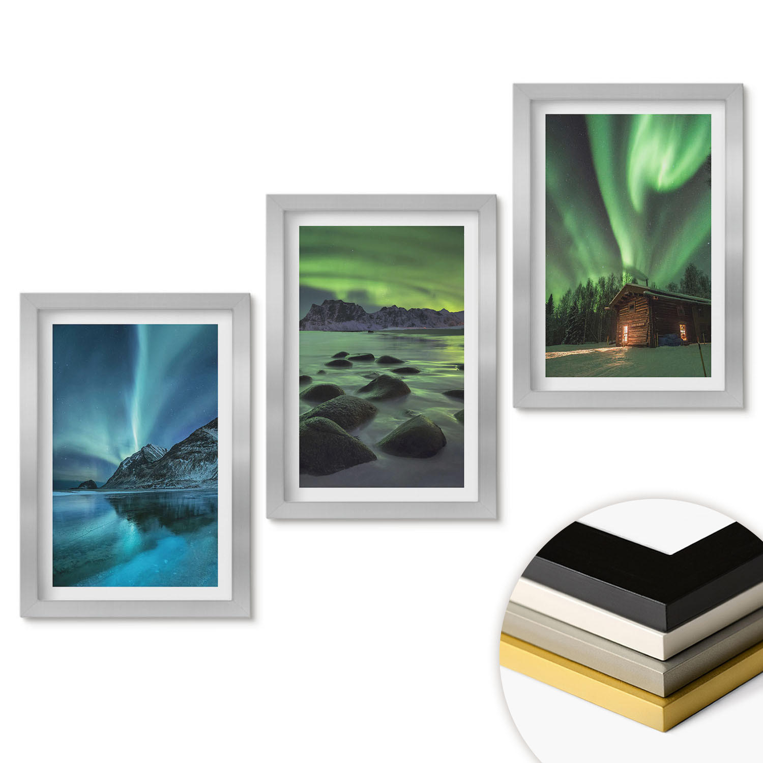 WANDBILDER 3er Set - 20x30 cm Silberner Rahmen - Winterlandschaften, Nordlichter, Berge - Silberfarben, Kunststoff (20/30cm) - ArtPrintCave