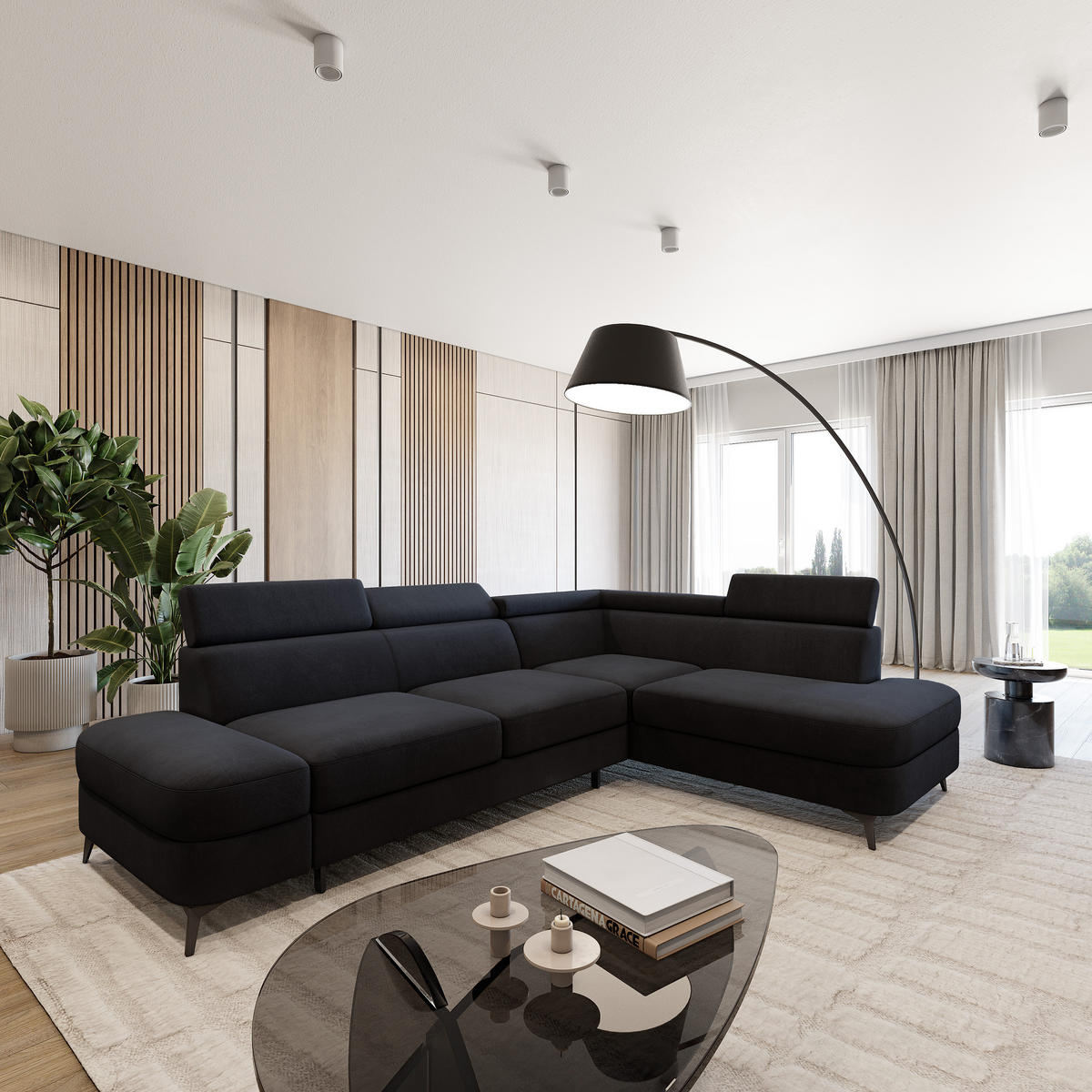 ECKSOFA AVISE MV R-S Schwarz Velours-Stoff mit Schlaffunktion - Schwarz, Holzwerkstoff/Textil (268/195cm) - MASSENO