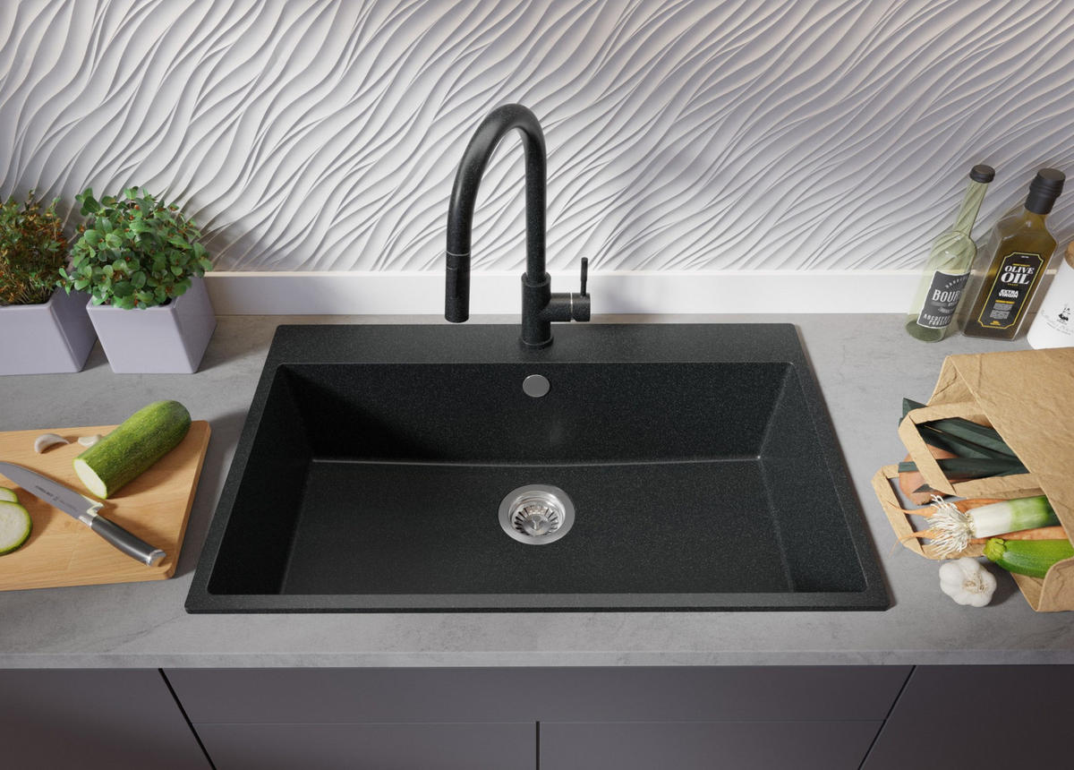 SPÜLBECKEN Riga, 2-er set Anthrazit 78/50 cm 1 Becken + Ablauf-Set ab 80er Unterschrank - Chromfarben/Anthrazit, Kunststoff (78/20/50cm) - Primagran