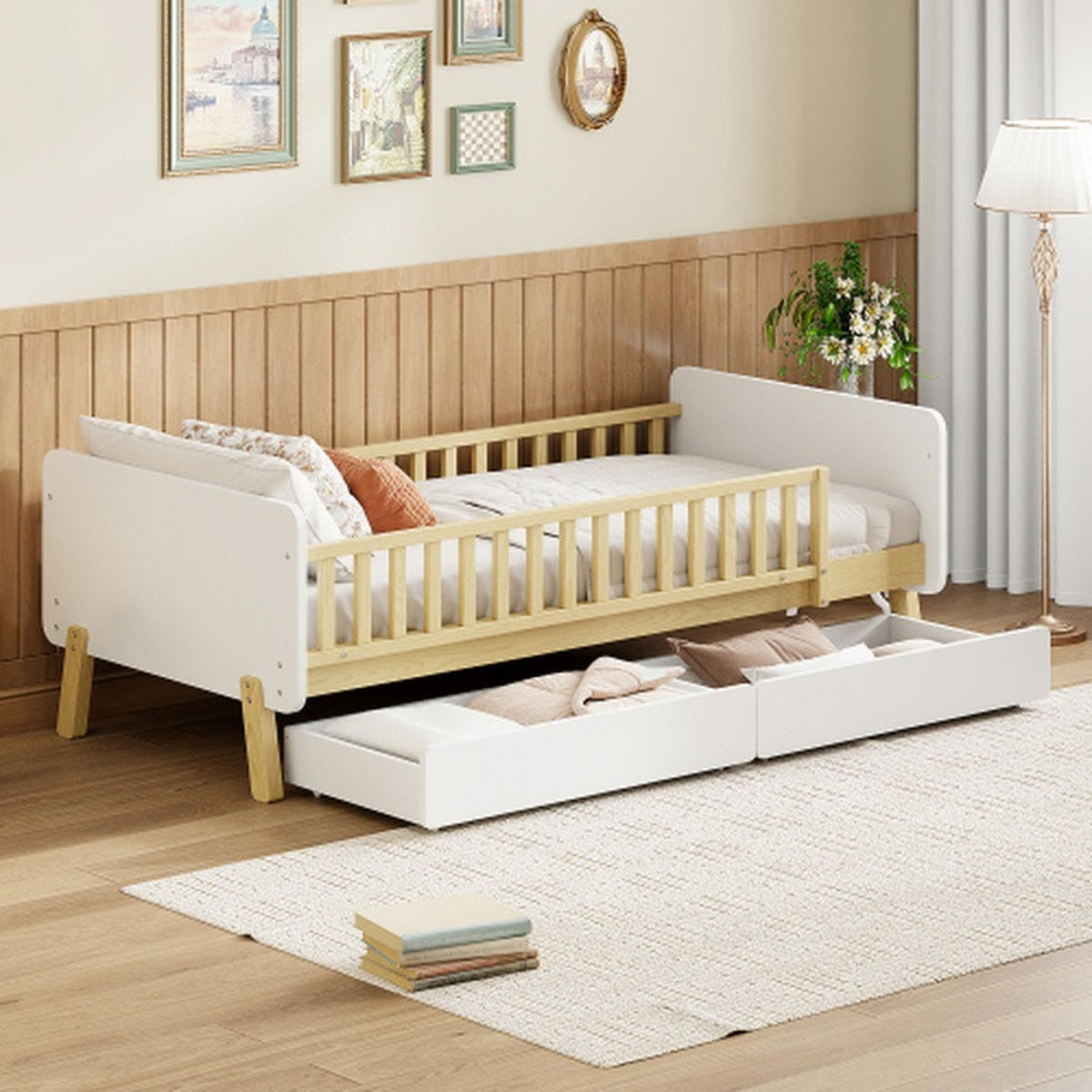 KINDERBETT 90x190 mit 2 Schubladen, Einzelbett aus Massivholz mit Lattenrost, weiß - Weiß, Holz (90/190cm)
