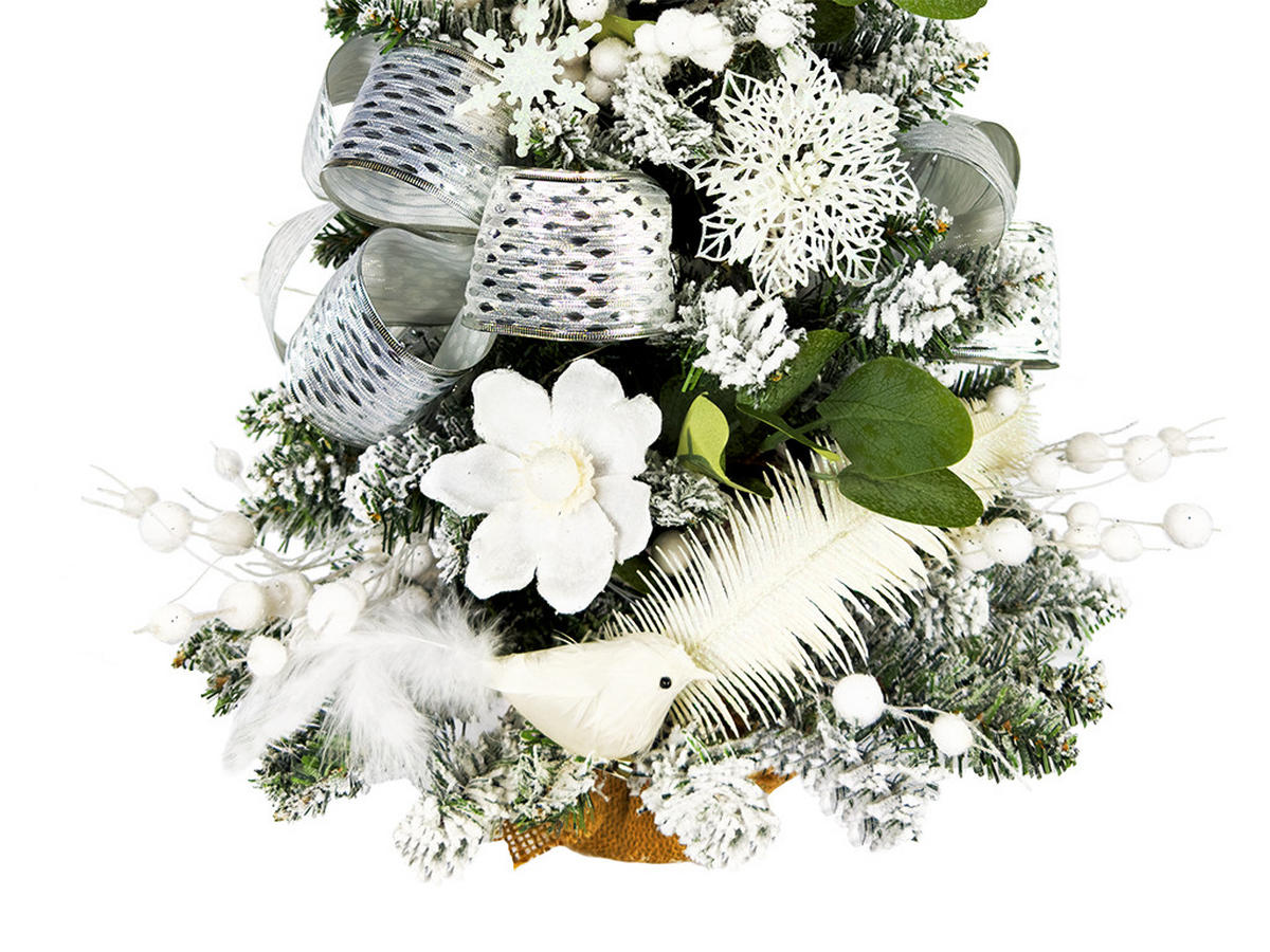 WEIHNACHTSBAUM künstlicher 60 cm mit LED-Beleuchtung, WEISSEMELODIE, mit 29 Weihnachtsbaumschmuck, Pflanztopf mit Jutesack - Silberfarben/Weiß, Kunststoff/Stein (40/60cm) - LAALU