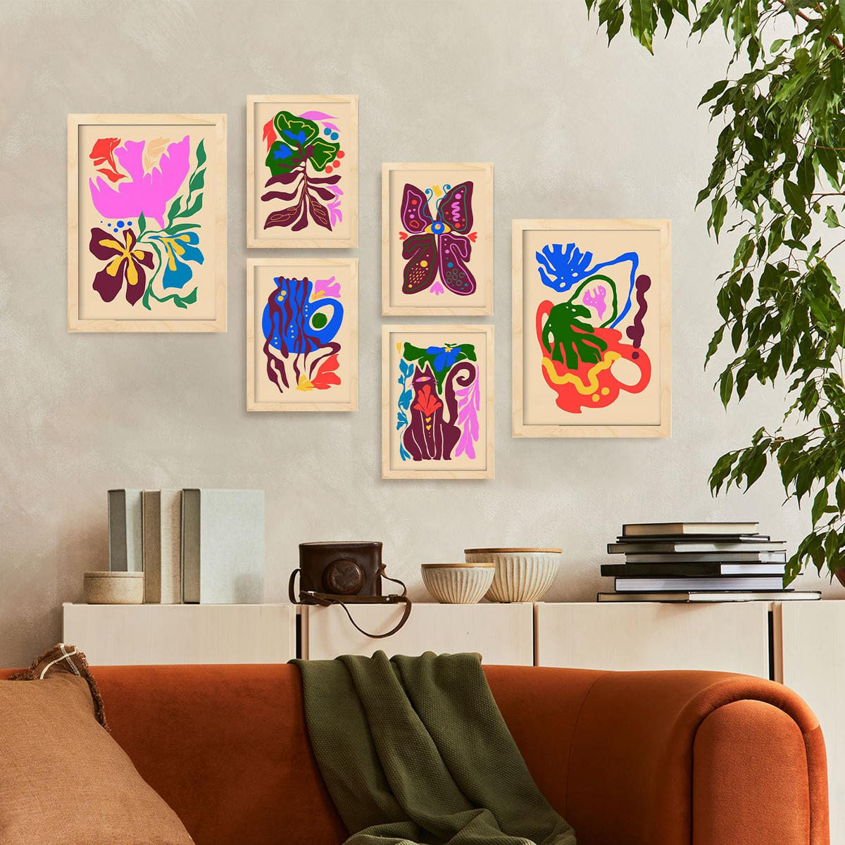 POSTER Set Mit 6 Malerisch 4 In Blume Zusammenfassung Ästhetische Dekorative Gemälde Für Ihr Wohnzimmer Zuhause A3 & A4 Rahmen Aus Hellem Holz - Beige, Papier (29/3cm) - Nacnic