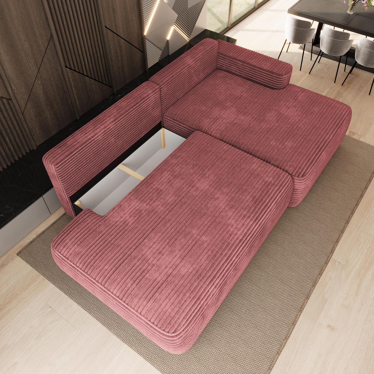 ECKSOFA AVINI T R-S Rosa Kordstoff mit Schlaffunktion - Rosa, Holzwerkstoff/Textil (277/160cm) - MASSENO