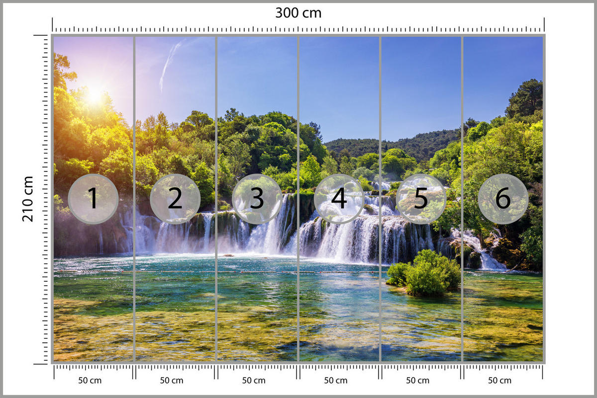 FOTOTAPETE Wasserfälle Wald Landschaft 3D 300x210 - Türkis/Blau, Papier (300/210cm) - Muralo