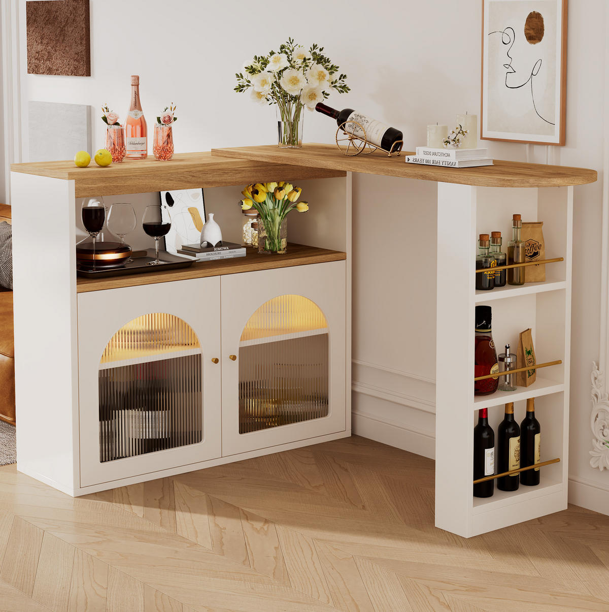 BARTISCH aus MDF 138-193x39x105 cm Weiß drehbar mit LED-Lichtleiste und Stauraum - Weiß, Holzwerkstoff (39/193/105cm) - Modfu