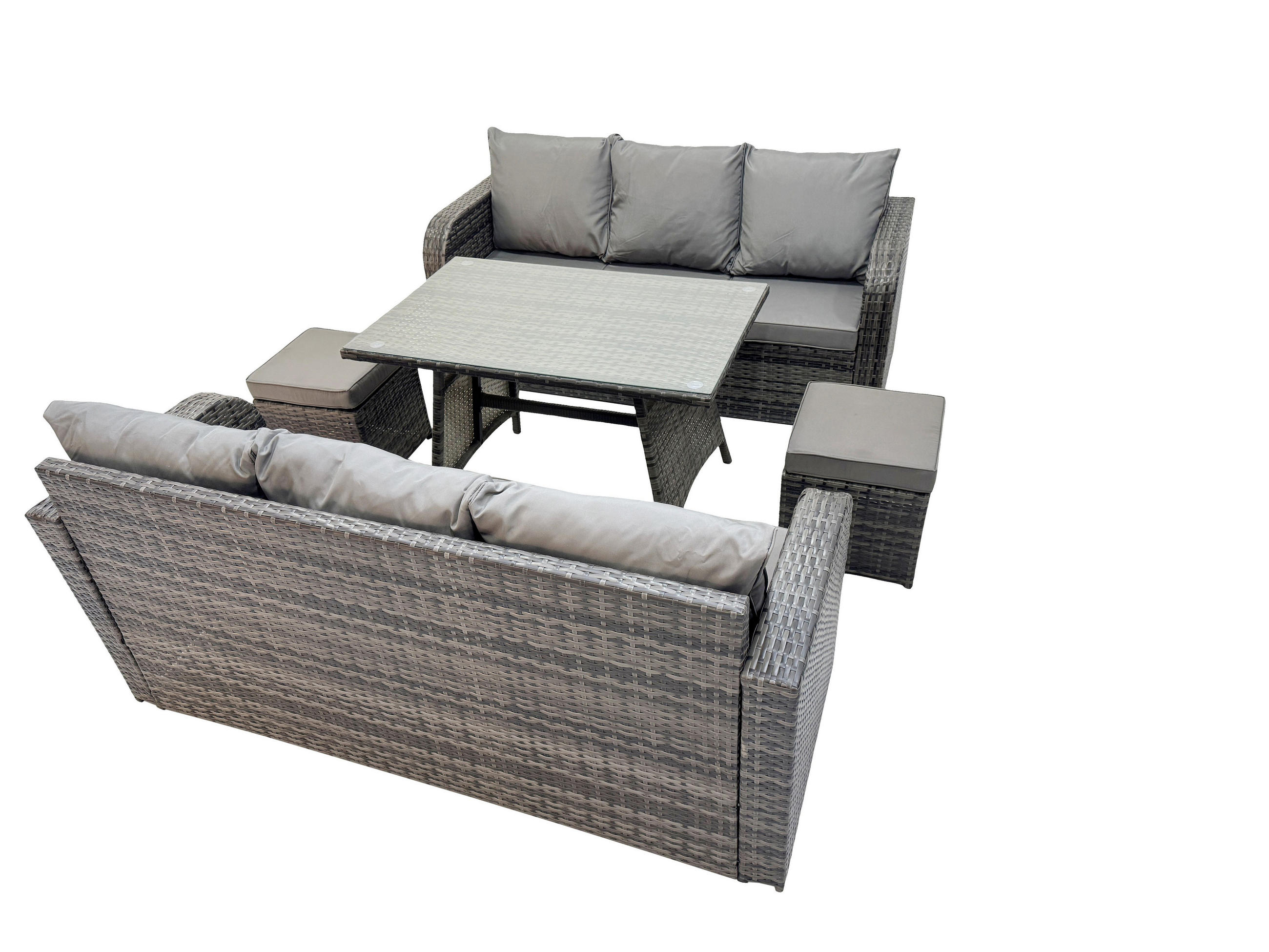 GARTENMÖBEL SET PE Polyrattan 8-Sitzer Grau - Dunkelgrau/Grau, Glas/Kunststoff - Fimous