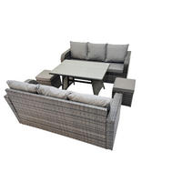 GARTENMÖBEL SET PE Polyrattan 8-Sitzer Grau - Dunkelgrau/Grau, Glas/Kunststoff - Fimous