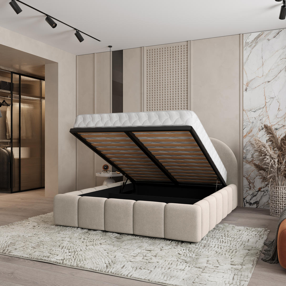 POLSTERBETT FLUSSO 180x200 cm mit Bettkästen - Beige - Beige, Holz (180/200cm) - MASSENO