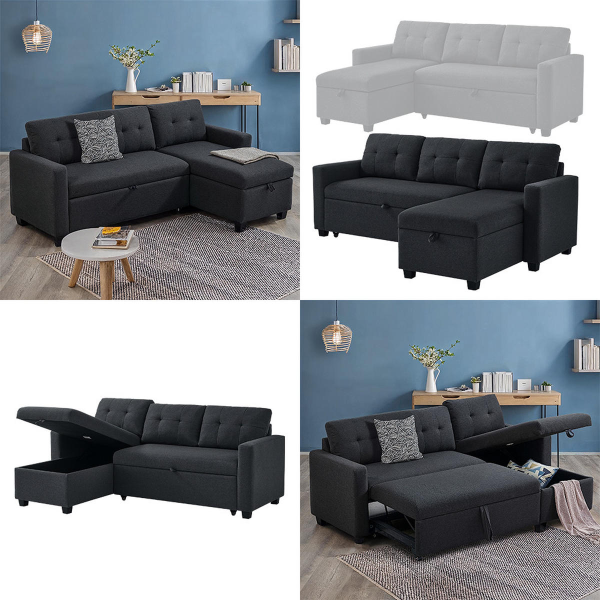 SOFA L FORM Campina Anthrazit 226 x 163 cm mit Schlaffunktion - Anthrazit, Holz (226/163cm) - VitaliSpa
