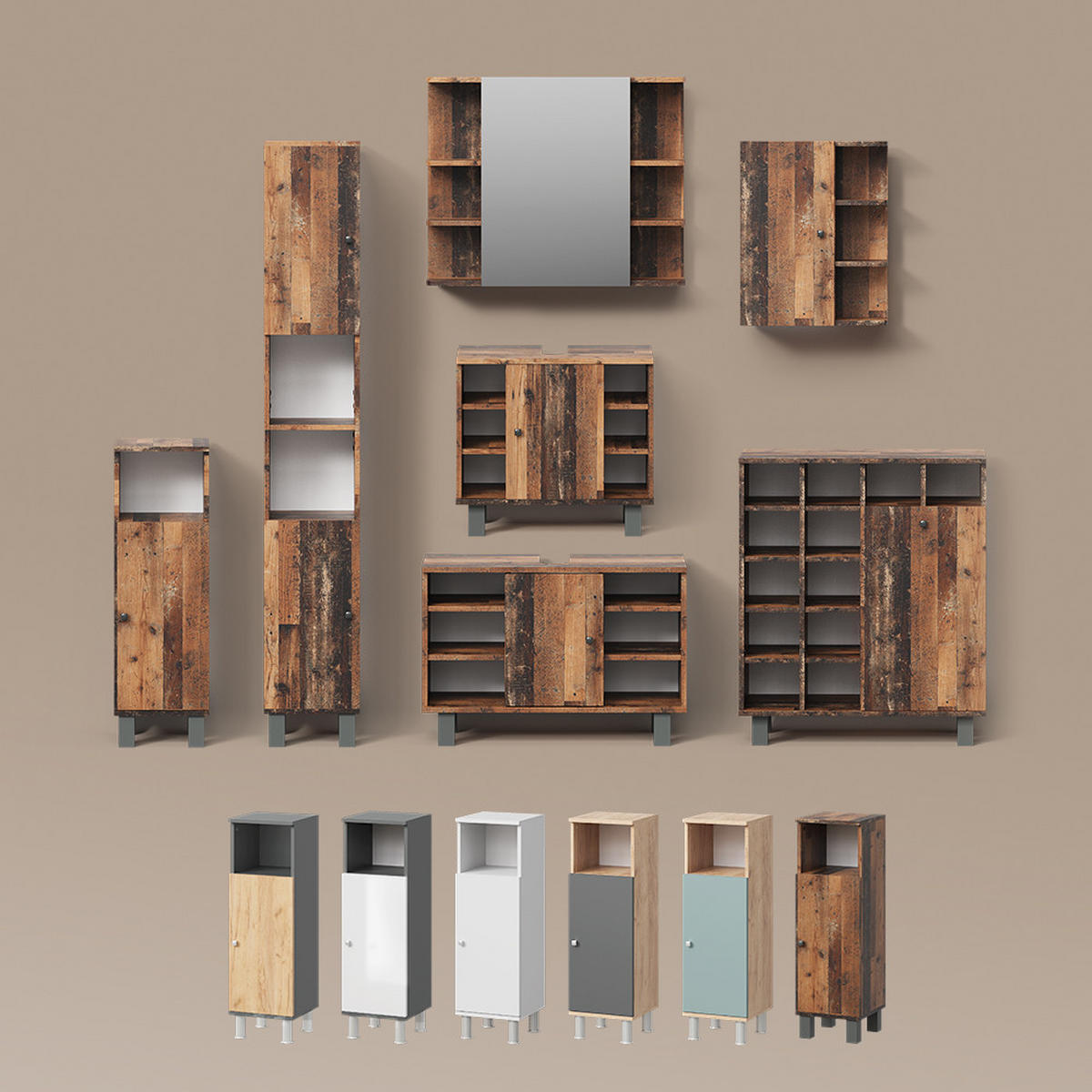 BADMÖBEL-SET Fucino Anthrazit/Goldkraft Eiche 3 Teile mit Hochschrank - Anthrazit/Eiche Wotan, Holzwerkstoff (60/54/32cm) - Livinity®
