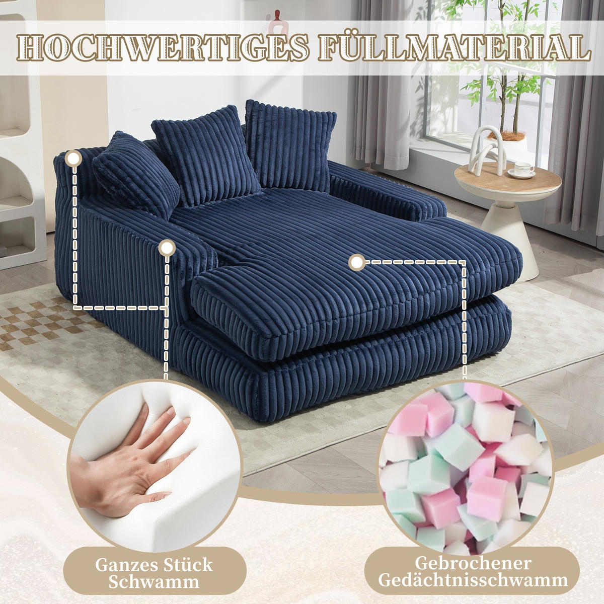 SCHLAFSOFA Relaxliege mit 3 Zierkissen,Lounge Sofa,Polstersofa,Cord,Blau - Blau, Textil (125/63/155cm) - LVHOM