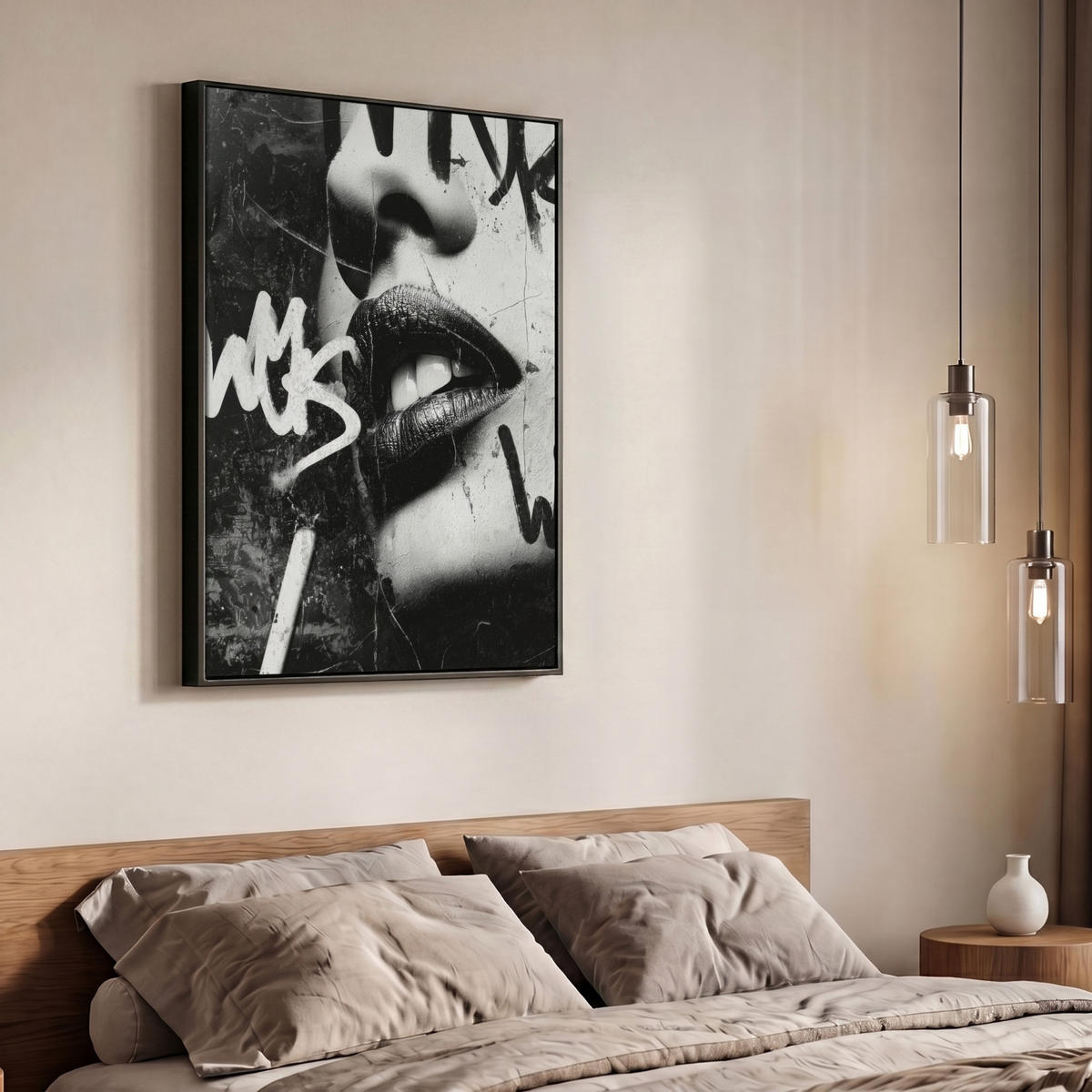 LEINWAND Bilder mit Rahmen - Gesicht - Mund - Graffiti - Schwarz - 70x100 - Schwarz, Textil (70/100cm) - MuchoWow
