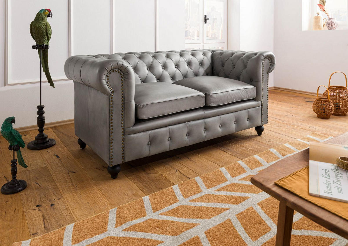 SOFA 2-Sitzer Echtleder 158x82x75 grau CHESTERFIELD #202 - Grau, Leder (162/75/82cm) - Massivmoebel24