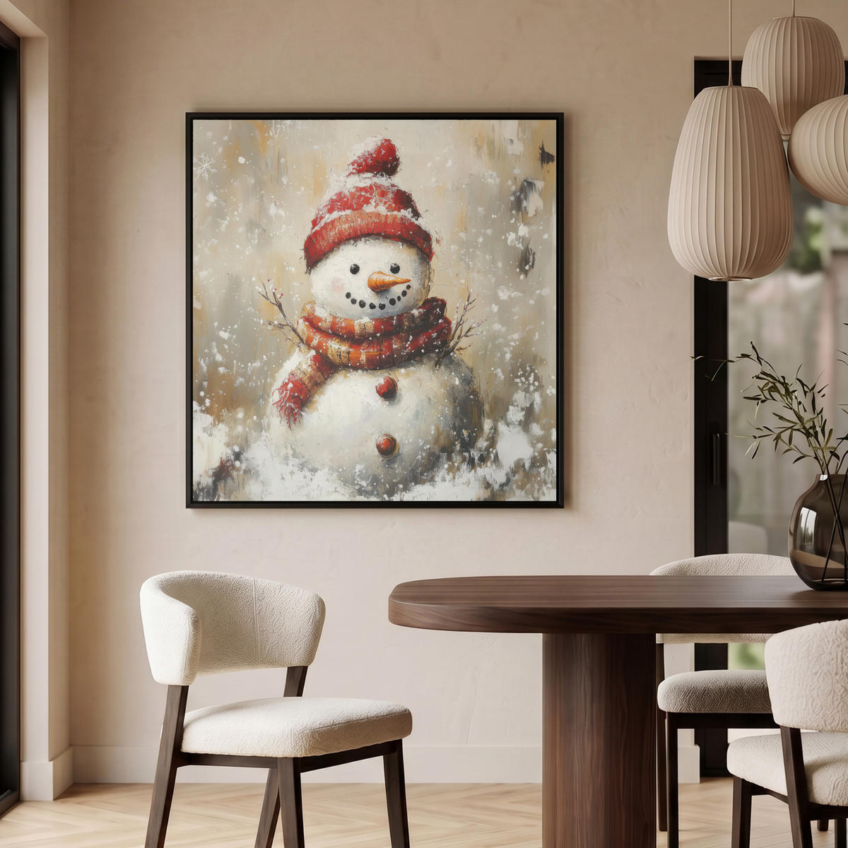 LEINWAND Bilder mit Rahmen - Schneemann - Winter - Schnee - Beige - 90x90 - Weiß, Textil (90/90cm) - MuchoWow