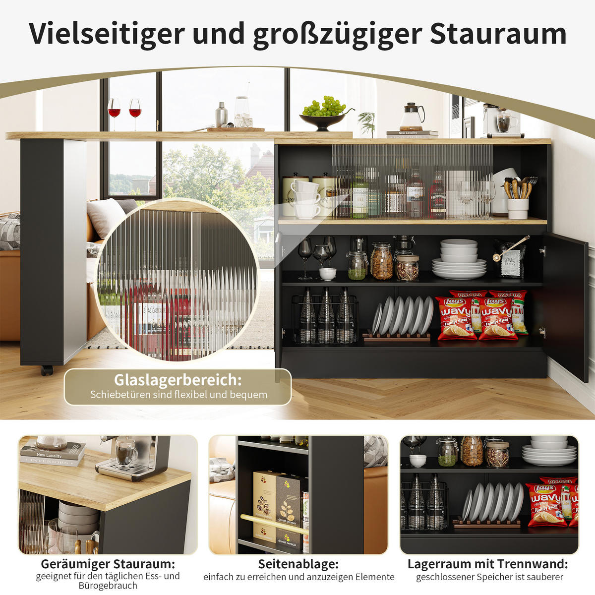 STEHTISCH mit Stauraum und Schiebetüren – Multifunktionaler Bartisch 120 cm - Schwarz, Holzwerkstoff/Metall (90/100/45cm) - Urban Meuble