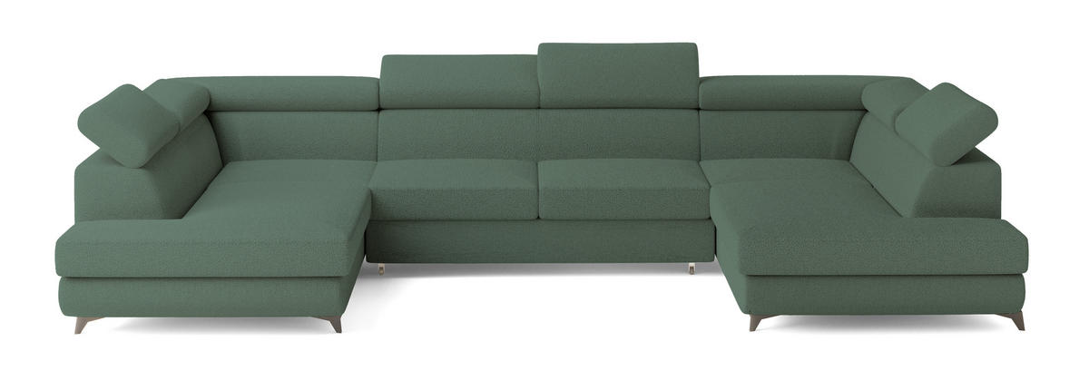 WOHNLANDSCHAFT VINTESSA Grün Boucle-Stoff mit Schlaffunktion - Grün, Holz (323/89/190cm) - MASSENO