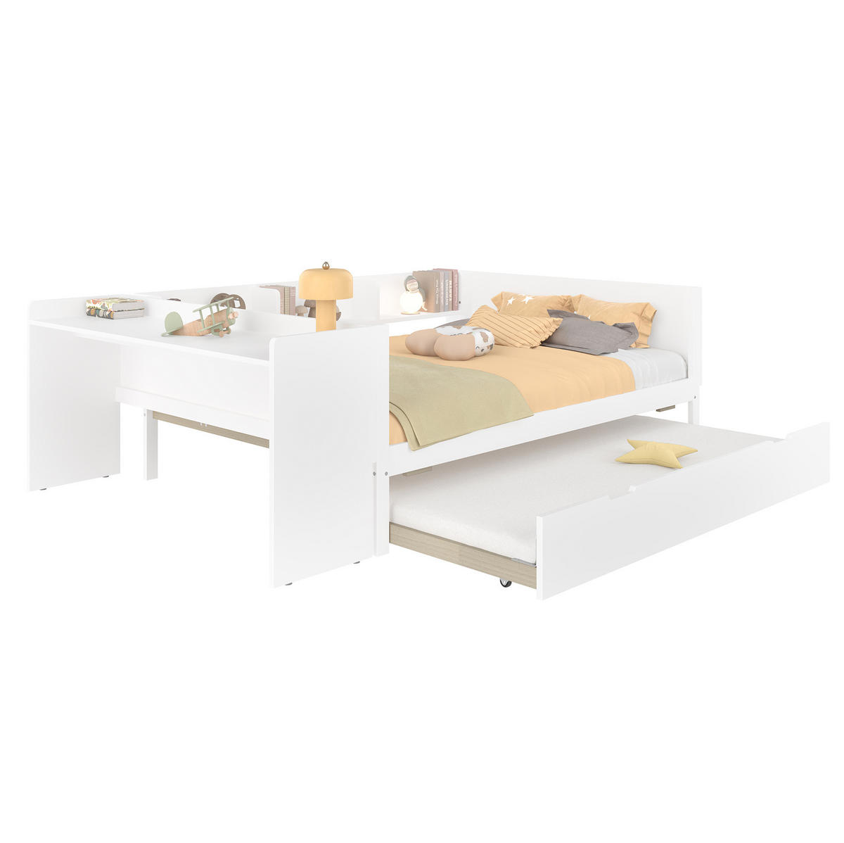 POSTEL s psacím stolem 140/200 cm bílá z borovice a MDF s výsuvným lůžkem a policemi - bílá, dřevo (140/200cm) - OKWISH