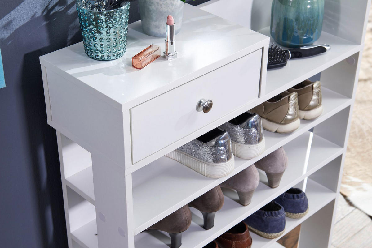 SCHUHREGAL – Weiß, 75x92,5x24 cm, 7 Fächer, mit Schublade, kompakt - Weiß, Holz/Metall (75/93/24cm) - KADIMA DESIGN