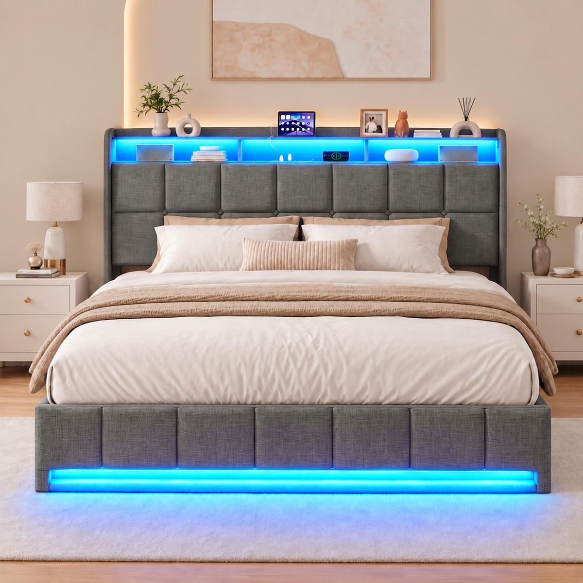 POLSTERBETT 160/200 cm,Doppelbett mit Stauraum, LED & USB,Grau - Naturfarben/Grau, Holz/Textil (160/200cm) - FURNISHINGS HOME