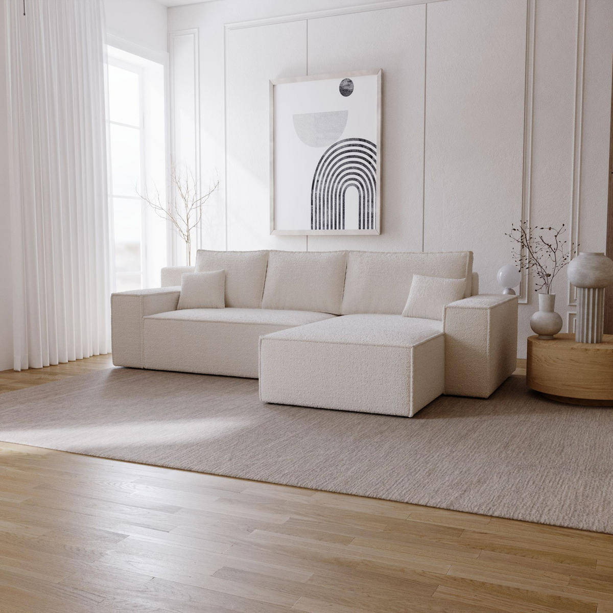 ECKSOFA Bouclé 280 cm Bergamo L mit Bettkasten, Schlaffunktion, Rechts - Creme - Creme, Holz (189/277cm) - Emporius