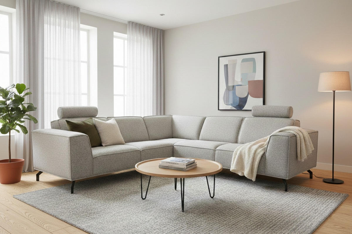 MODULARES Ecksofa Selena - Hellgrau, Verstellbare Kopfstützen und Metall Füßen - Hellgrau/Schwarz, Kunststoff/Textil (260/260cm) - KS Home Concept