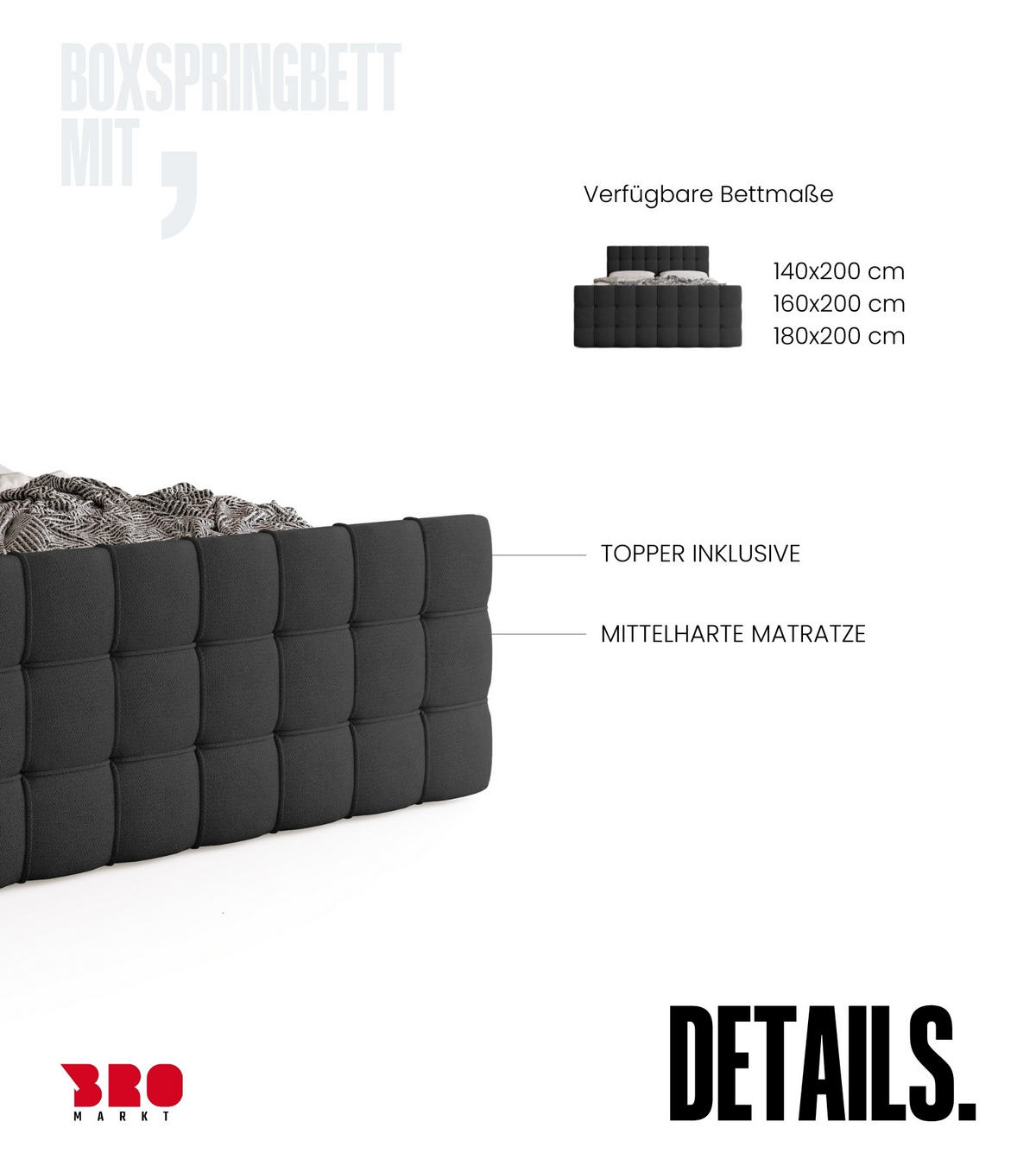 BOXBETT Detroit Duo mit Topper 140/200 Graphite - Graphitfarben, Textil (140/200cm) - Bromarkt