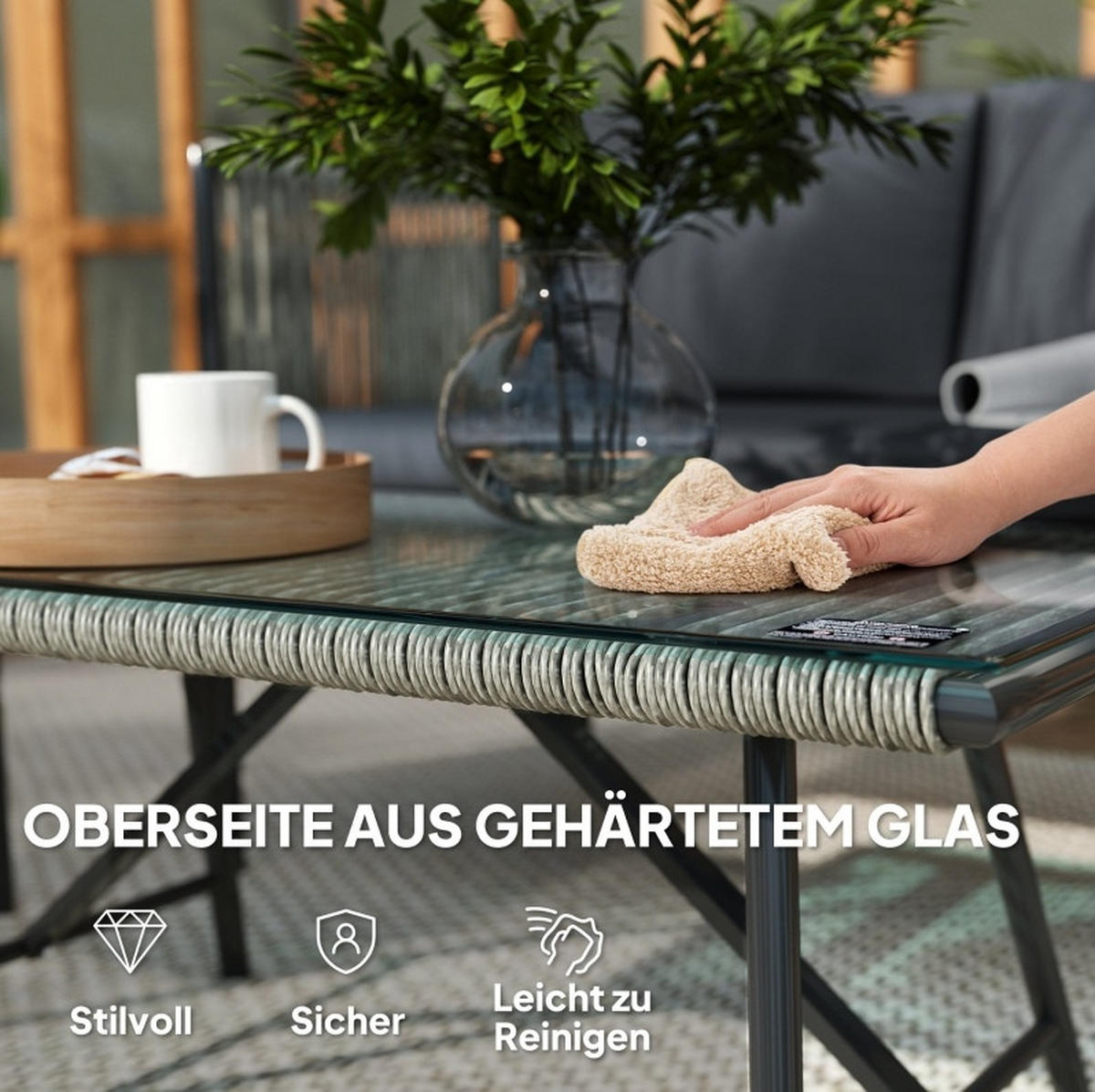 GARTENMÖBEL-SET 4-tlg. mit Sofa, 2 Sesseln und Tisch Rattan Grau - Grau, Metall - Beauniv