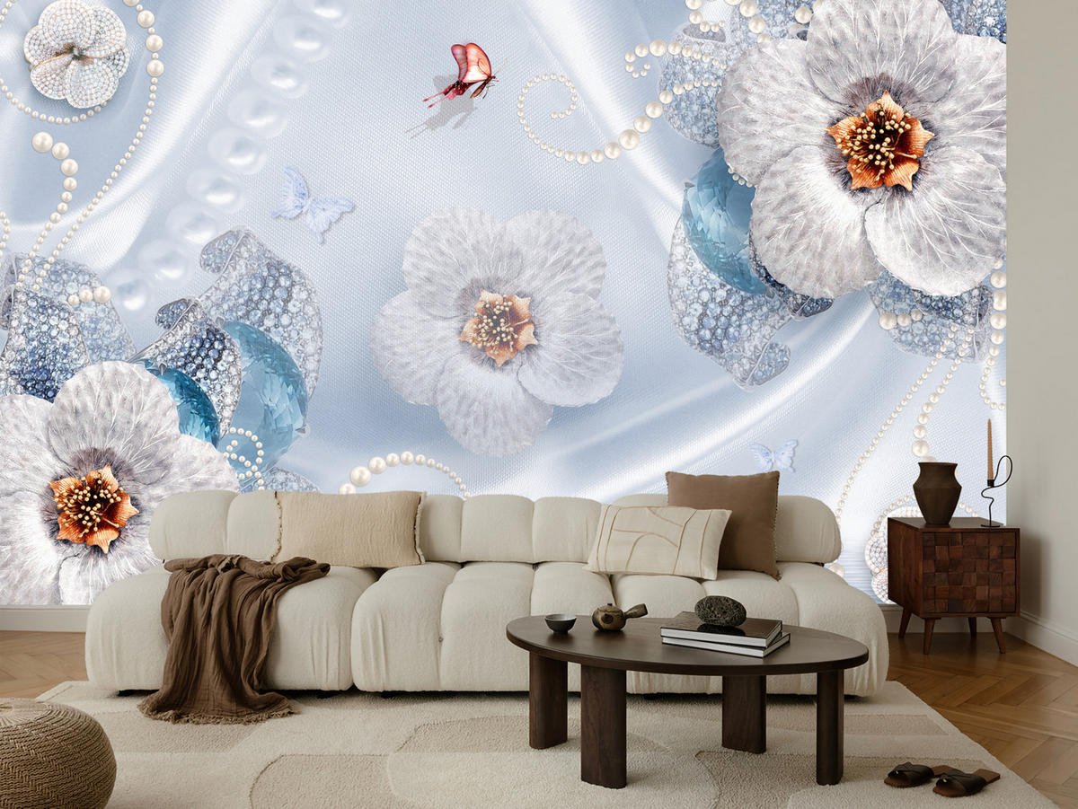 FOTOTAPETE für Schlafzimmer Blumen Perlen Schmetterlinge Blau 450x315 - Blau/Gelb, Papier (450/315cm) - Muralo