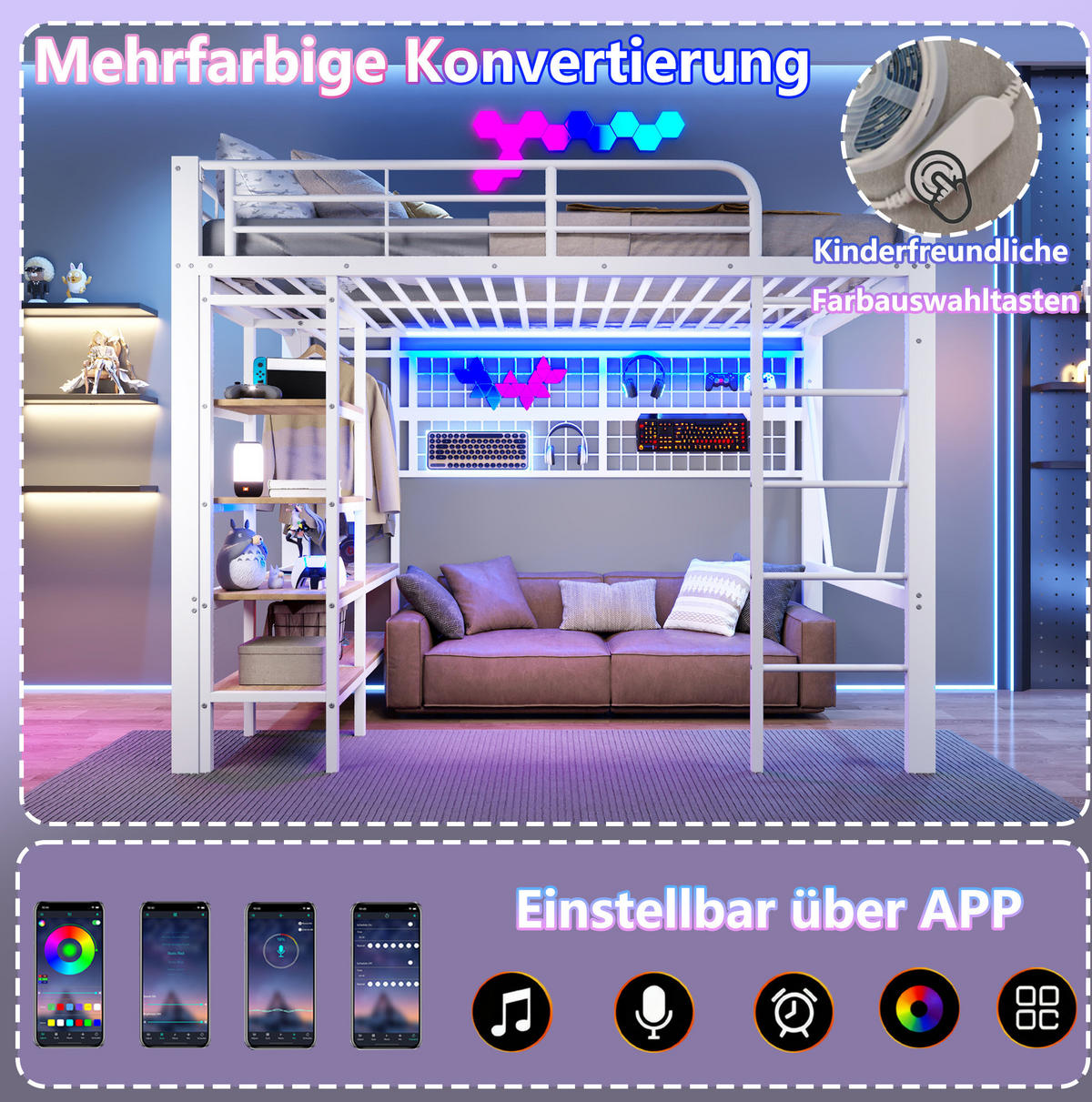 HOCHBETT aus Metall 140x200 cm in Weiß mit LED-Lichtleiste & Ablagefach - Weiß, Metall (140/200cm) - Modfu