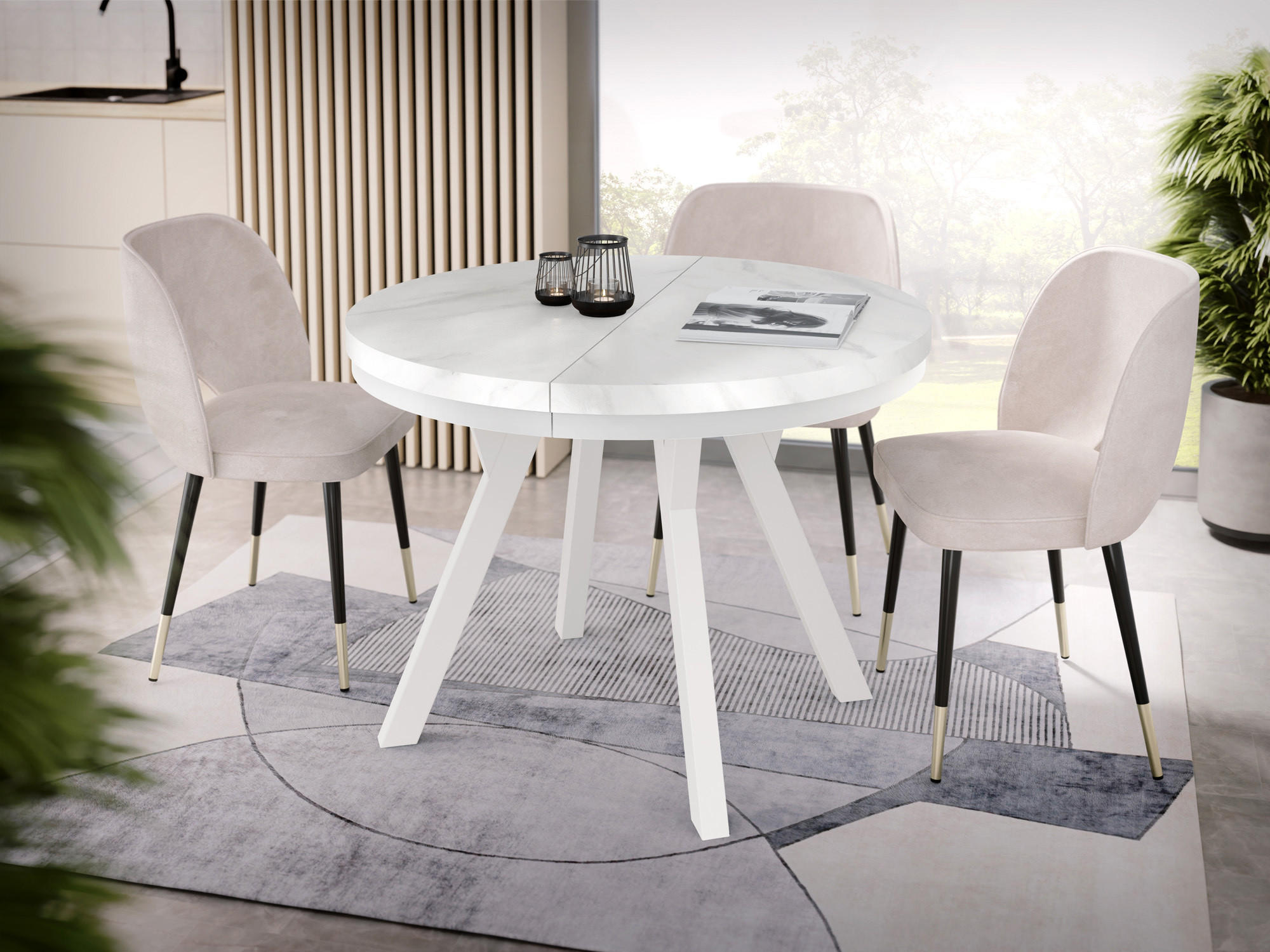 ESSTISCH Lume Weiß runder ausziehbarer, Marmor Weiß 90-170/90/76 cm - Ecru/Weiß, Holz/Holzwerkstoff (90/90/76cm) - WFL GROUP