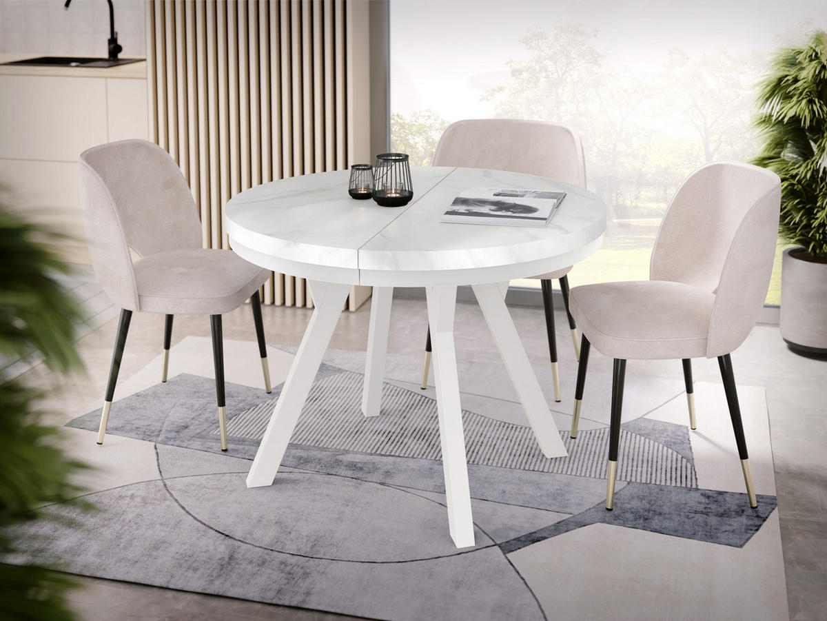 ESSTISCH Lume Weiß runder ausziehbarer, Marmor Weiß 100-150/100/76 cm - Ecru/Weiß, Holz/Holzwerkstoff (100/100/76cm) - WFL GROUP