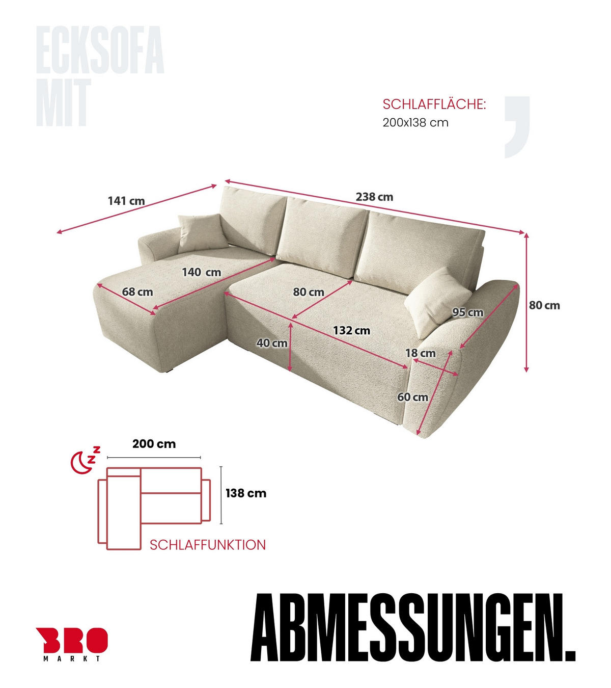 ECKSOFA Rotterdam mit Schlaffunktion Beige Bouclé - Ecru, Textil (238/141cm) - Bromarkt