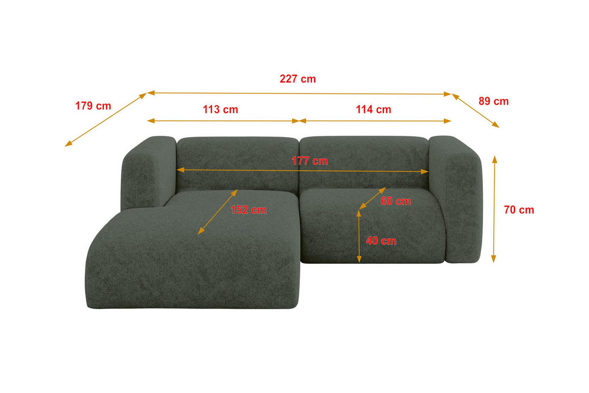 ECKSOFA Ottomane Links MIRA-L1 227x179x89 Grün Velours - Schwarz/Grün, Holzwerkstoff/Kunststoff (227/179cm) - ALTDECOR