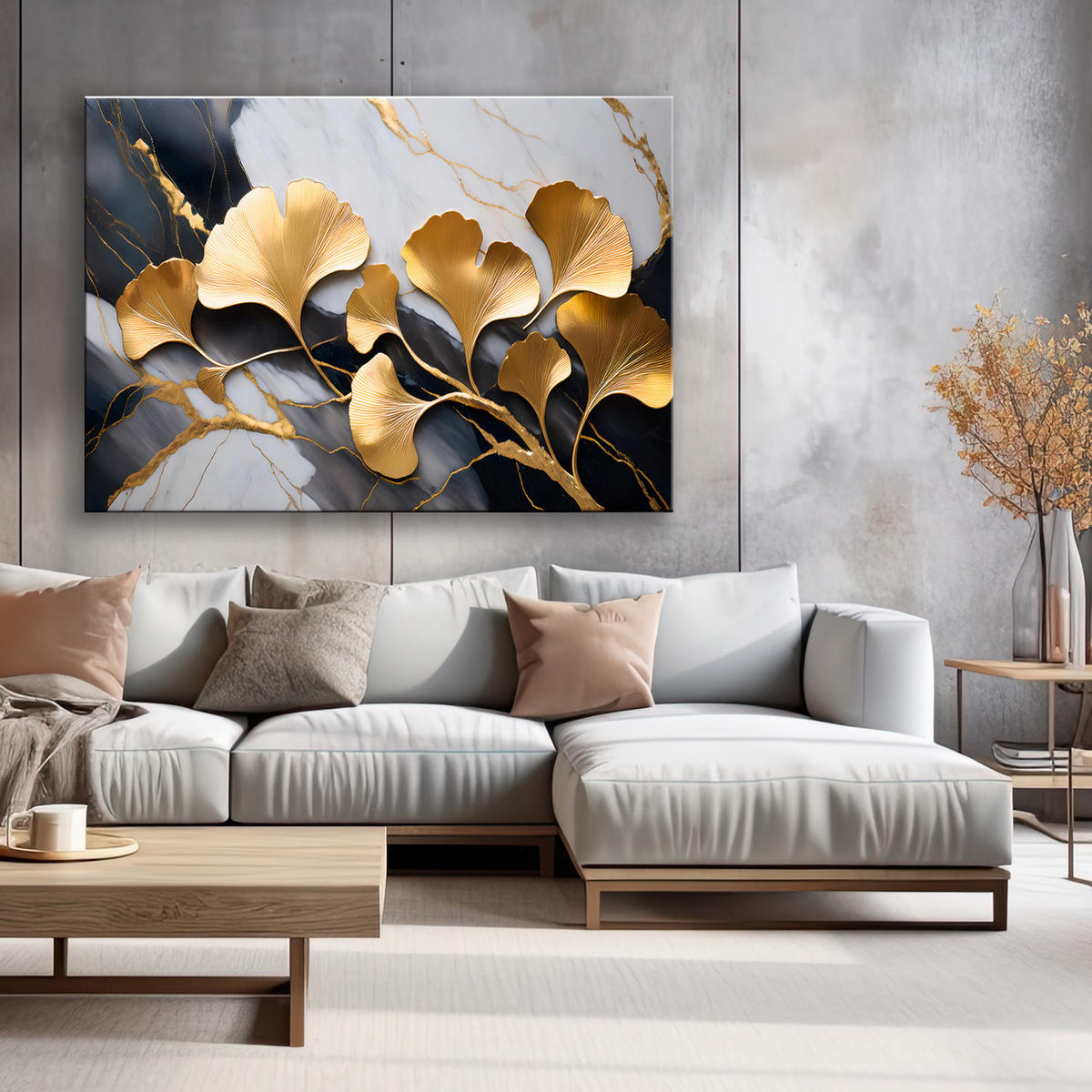 WANDBILD ginko blumen botanik marmor grau gold - Goldfarben, Textil (60/40cm) - Feeby