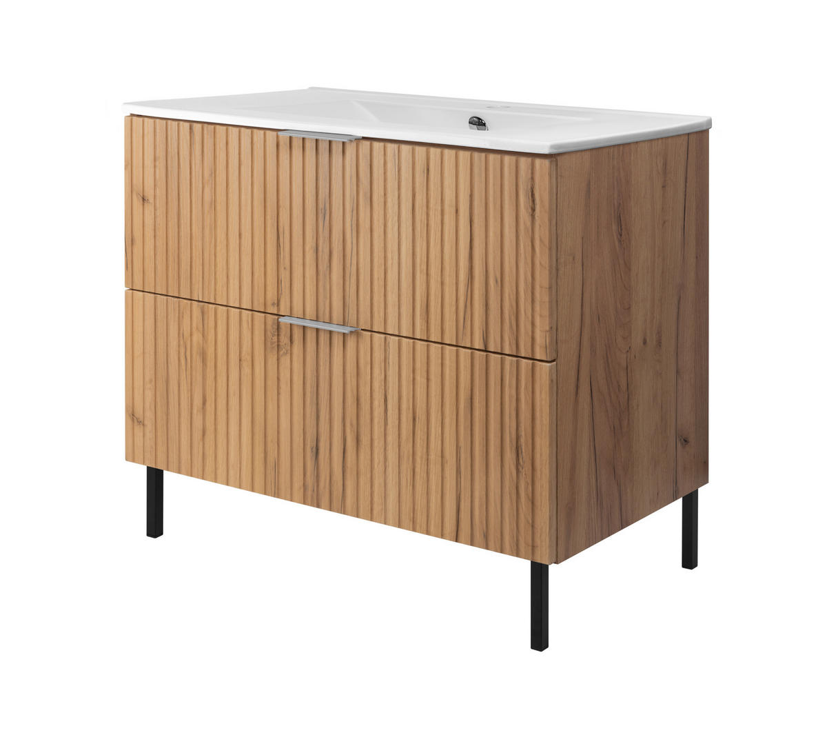 WASCHBECKUNTERSCHRANK, Eiche Craft, 80 x 77 x 46 cm, silberner Griff, schwarze Beine, ohne Arbeitsplatte - Eichefarben/Silberfarben, Holzwerkstoff (80/77/46cm) - 3XE LIVING