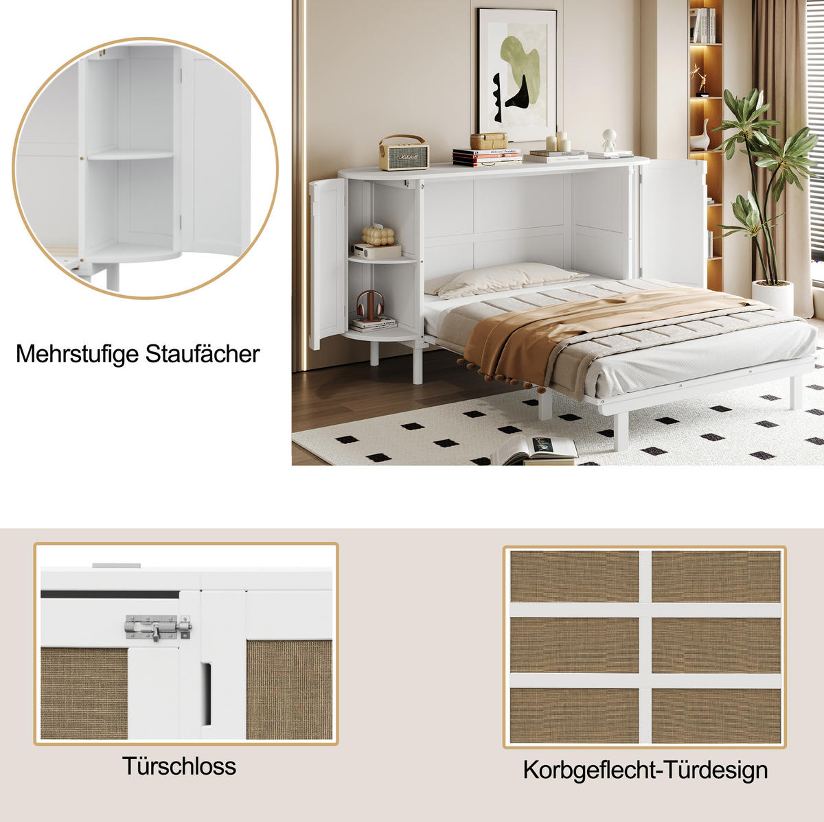 SCHRANKBETT aus Holz 140x200 cm Weiß/Natur mit Lattenrost, Staufächern und Rattan-Design - Weiß, Holzwerkstoff (140/200cm) - Modfu