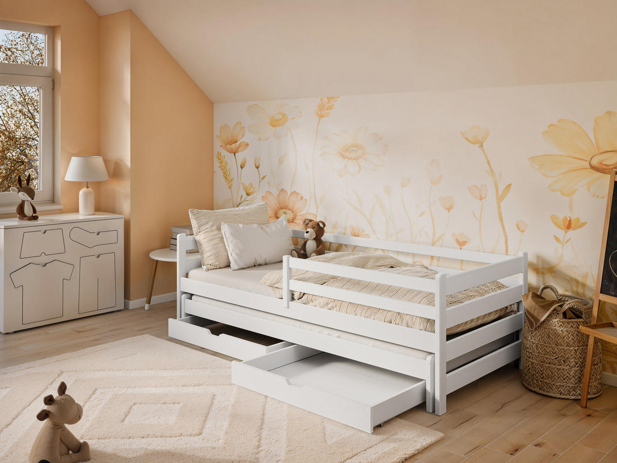 KINDERBETT 90x200 cm mit Ausziehbett, 2x Schubladen und 2x Matratze weiß - Weiß, Holz (90/200cm) - Kids Collective