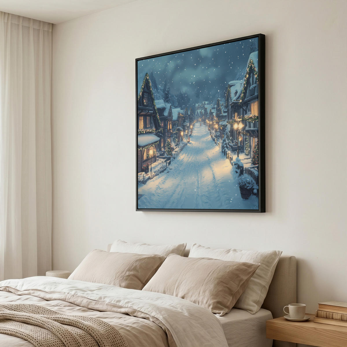 LEINWAND Bilder mit Rahmen - Weihnachtsdorf - Weihnachten - Schnee - Winter - 90x90 - Dunkelblau, Textil (90/90cm) - MuchoWow